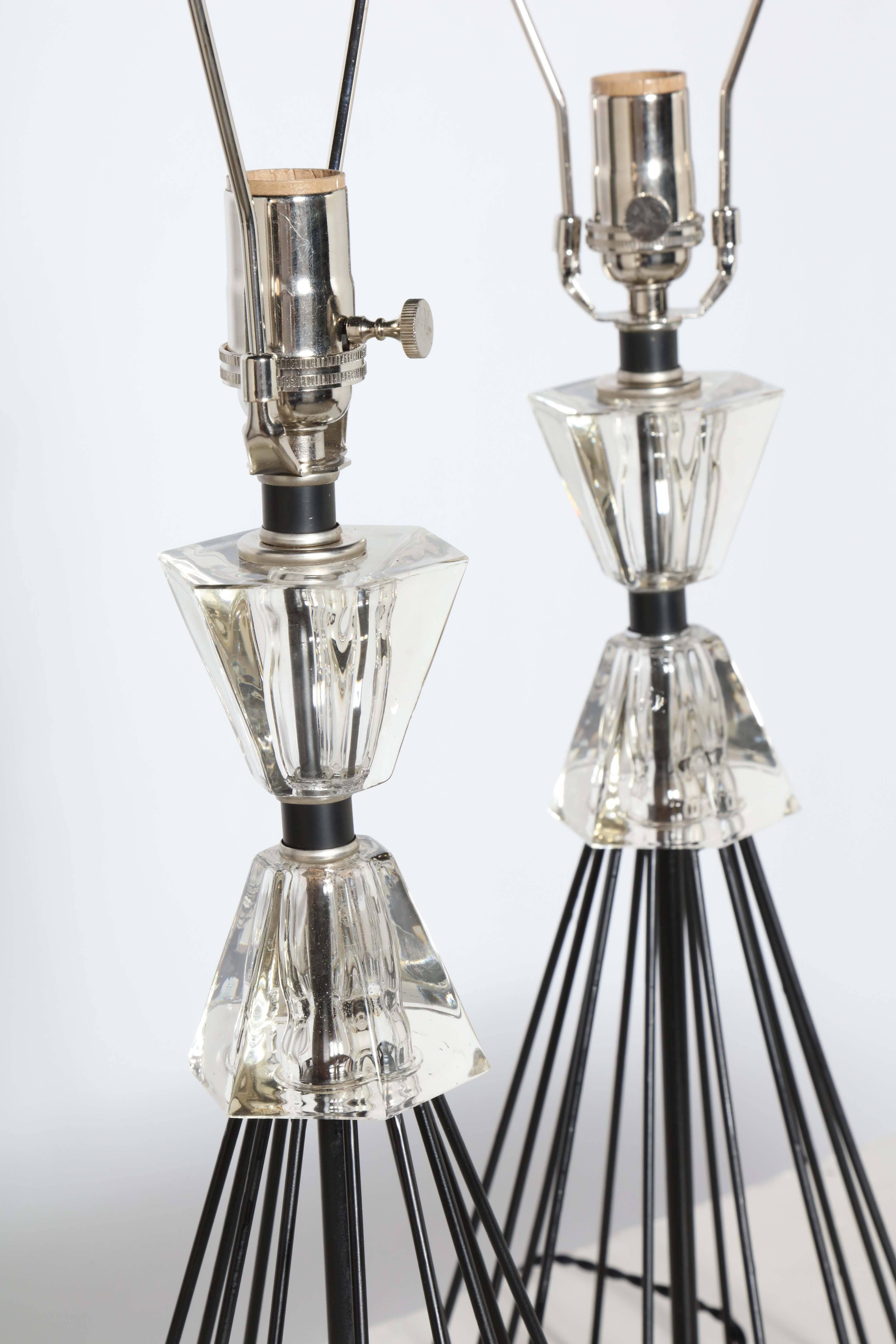 Pair of 1950s Black Wire and Crystal Lamps In Good Condition In Bainbridge, NY