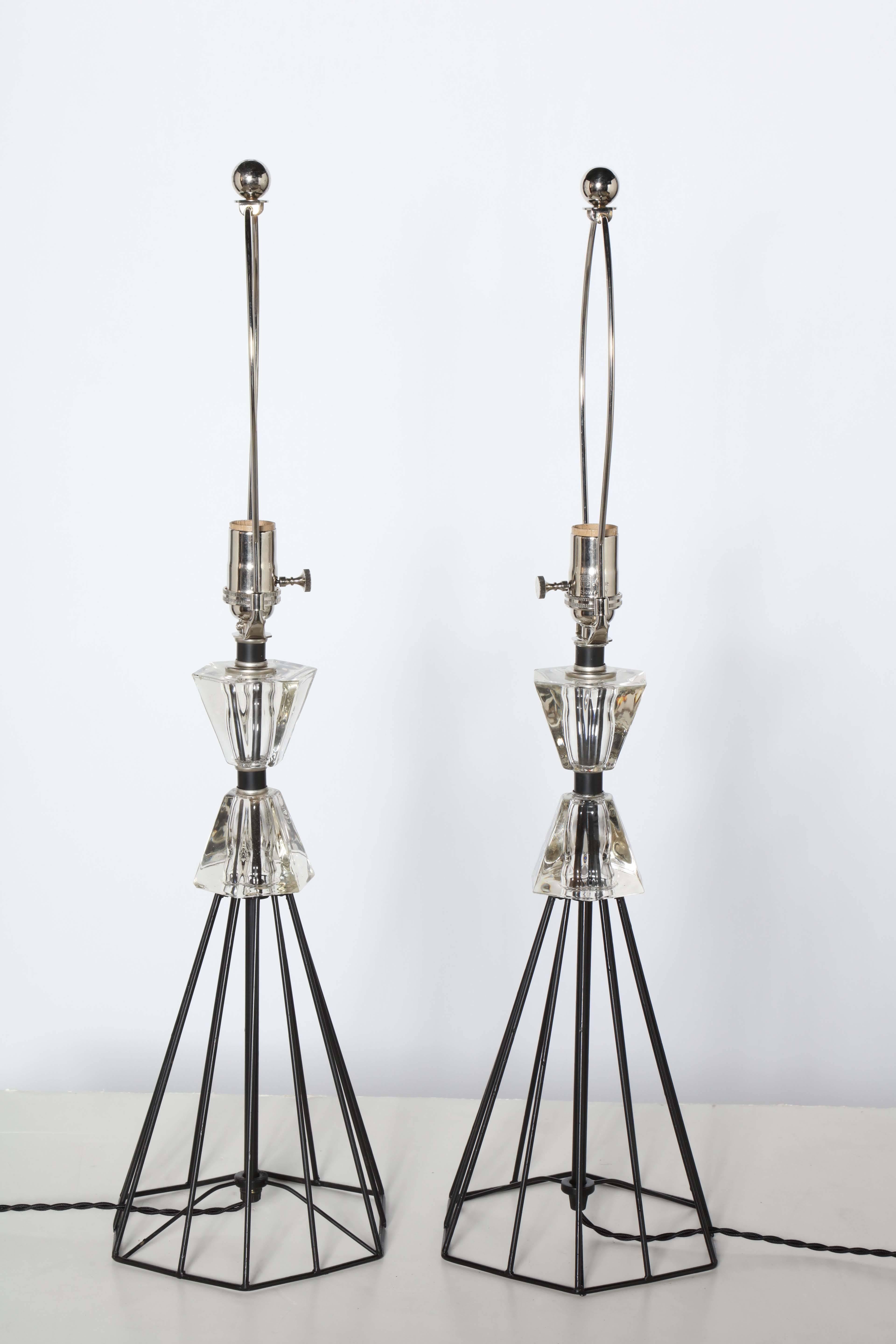 Pair of 1950s Black Wire and Crystal Lamps 1