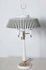 Gerald Thurston White Candlestick Lamp with Black & White Stripe Metal Shade