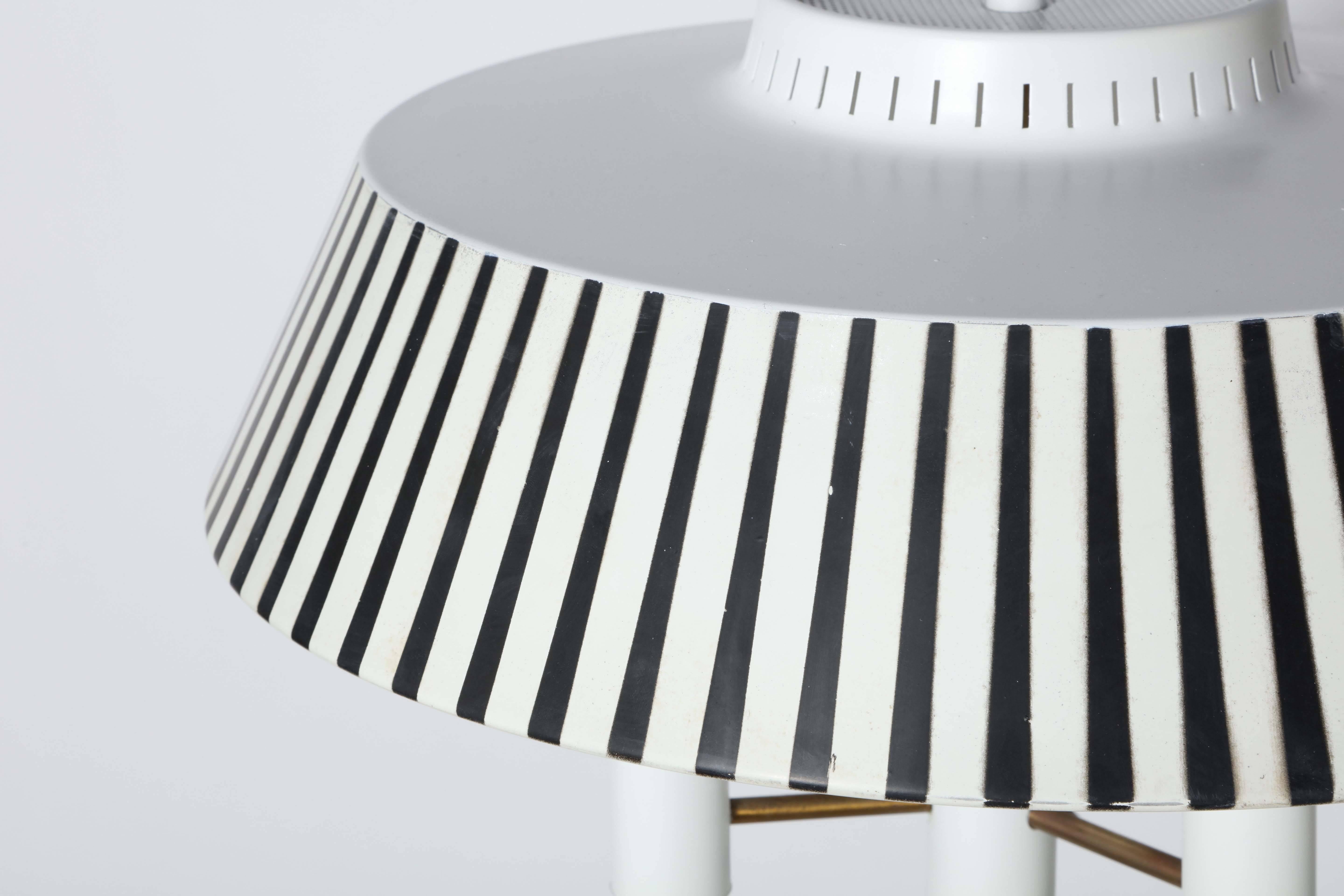 Brass Gerald Thurston White Candlestick Lamp with Black & White Stripe Metal Shade For Sale