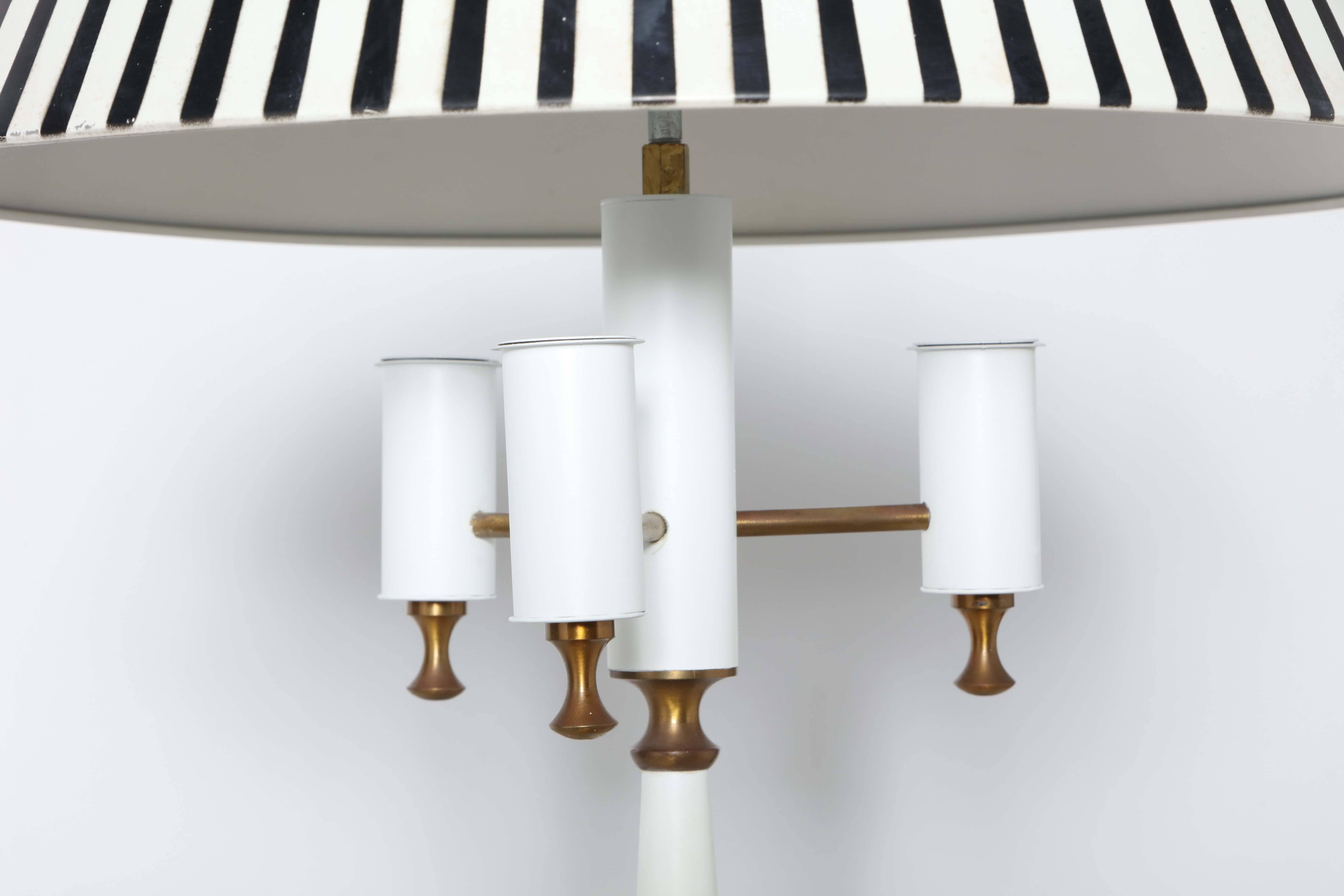 Mid-20th Century Gerald Thurston White Candlestick Lamp with Black & White Stripe Metal Shade For Sale