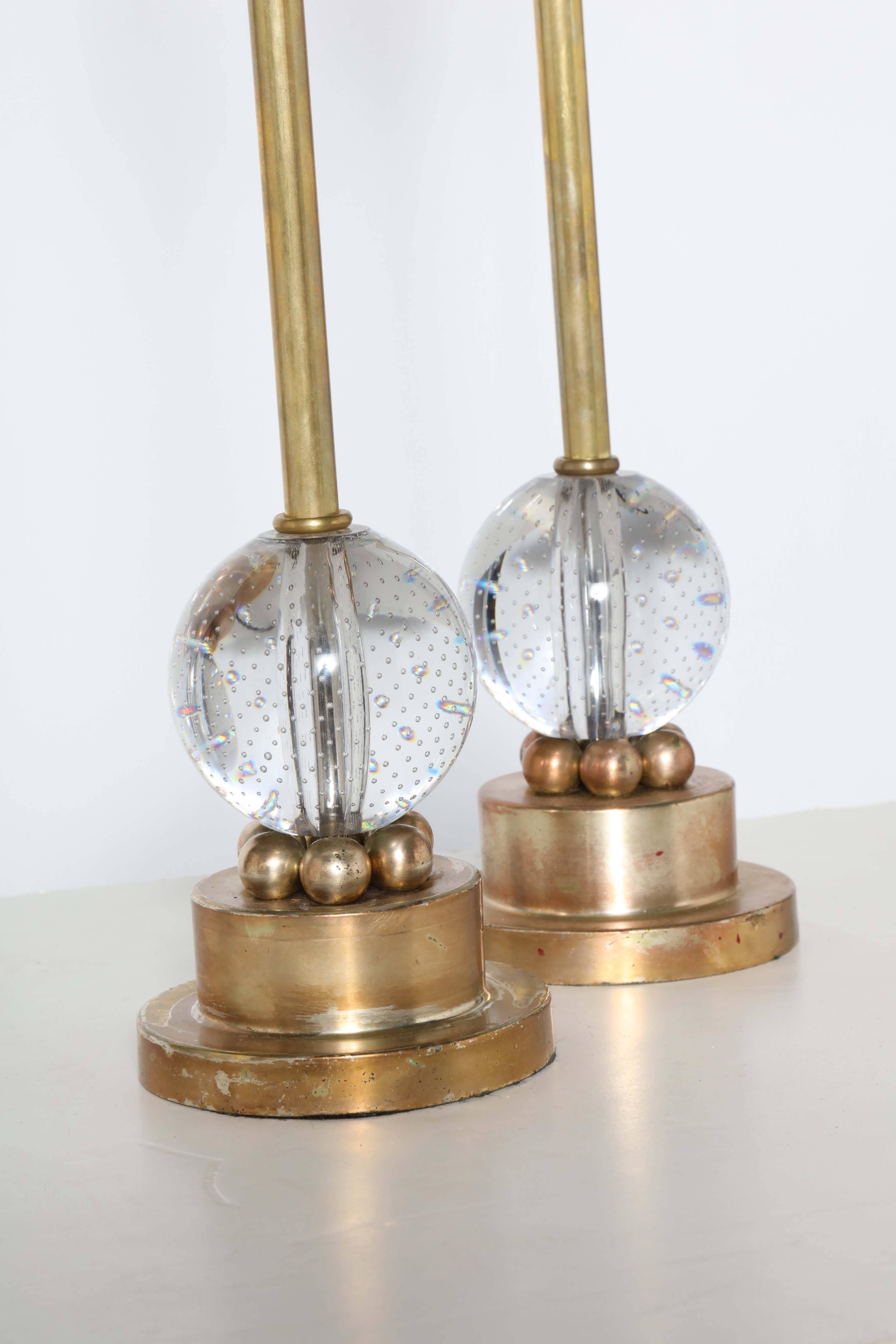 Pair of 1940s Italian Murano Bubble Glass and Brass Candlestick Table Lamps 2