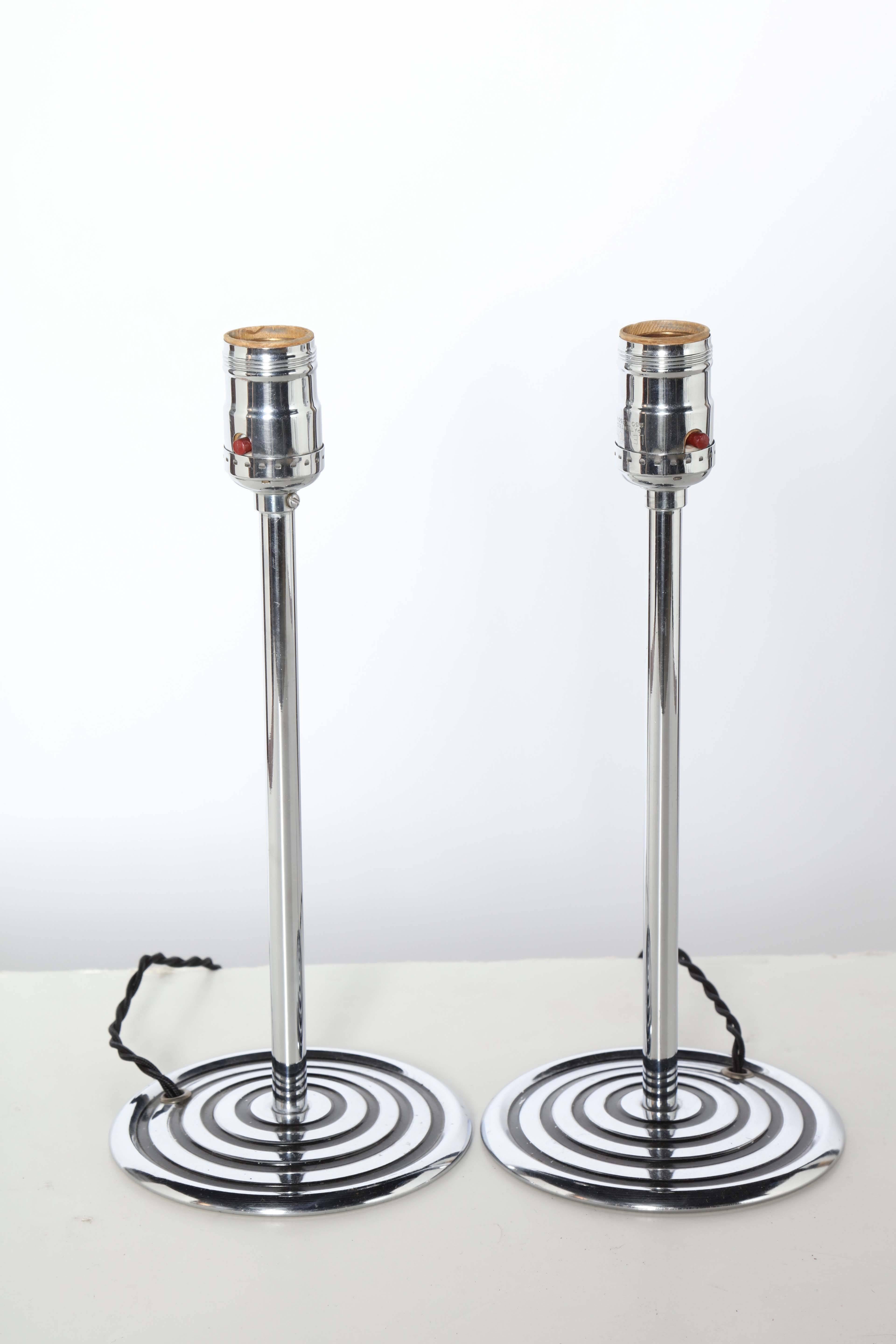 Machine Age Pair Chase Brass & Copper Co. Chrome & Black Line Slim Candlestick Lamps, 1940's For Sale