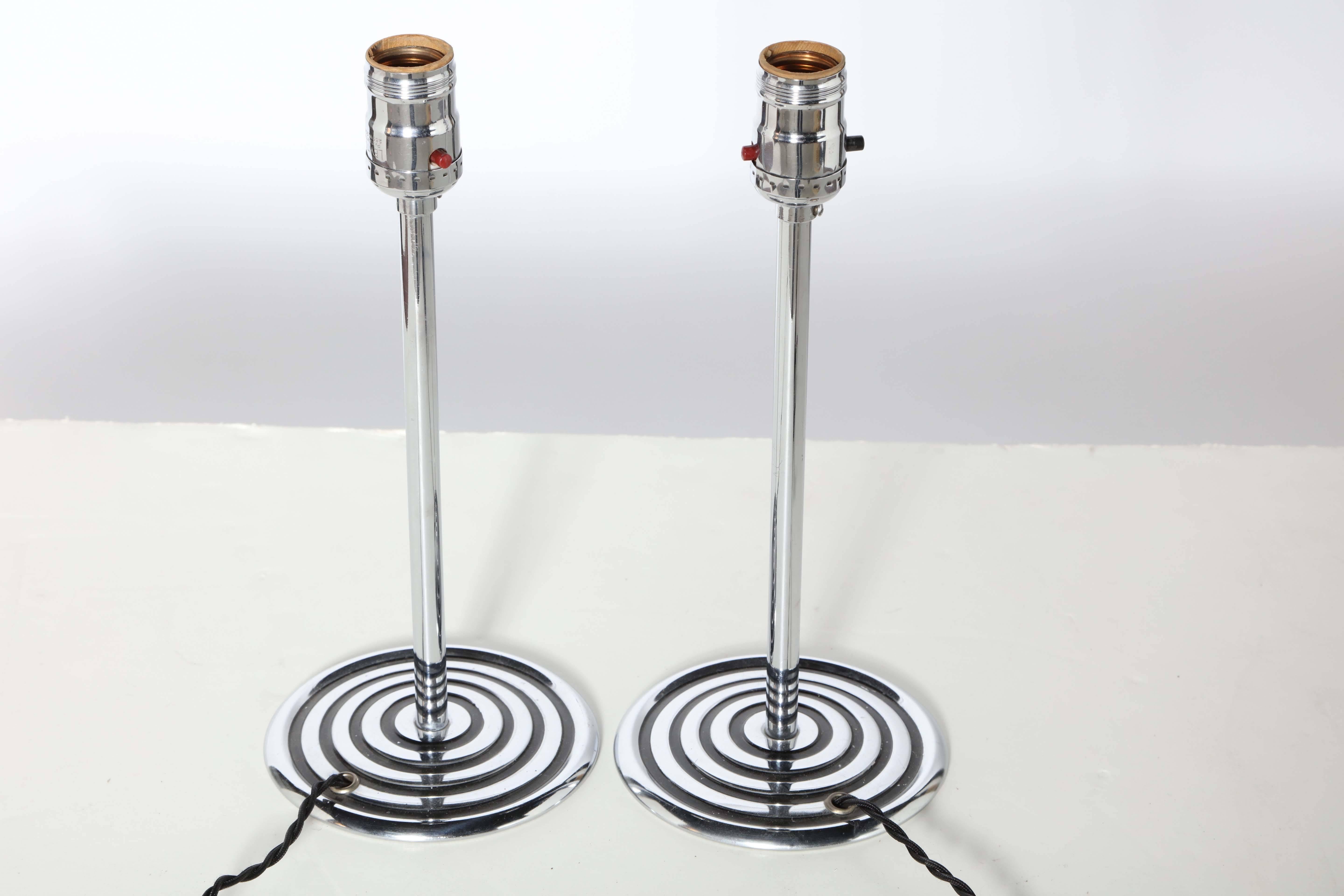 American Pair Chase Brass & Copper Co. Chrome & Black Line Slim Candlestick Lamps, 1940's For Sale