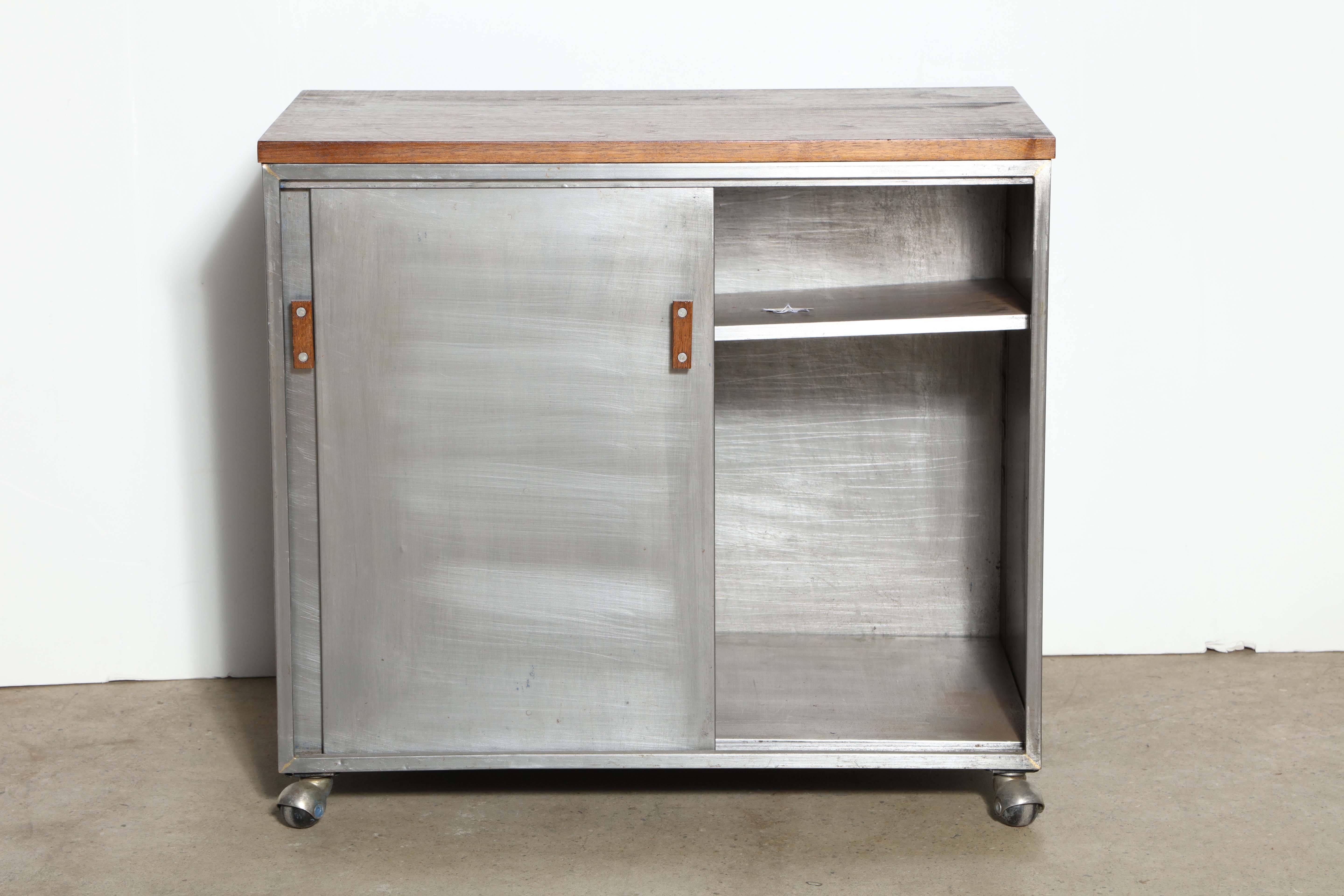 Mid-Century Modern Rolling Industrial Modern Walnut and Steel Storage Cabinet