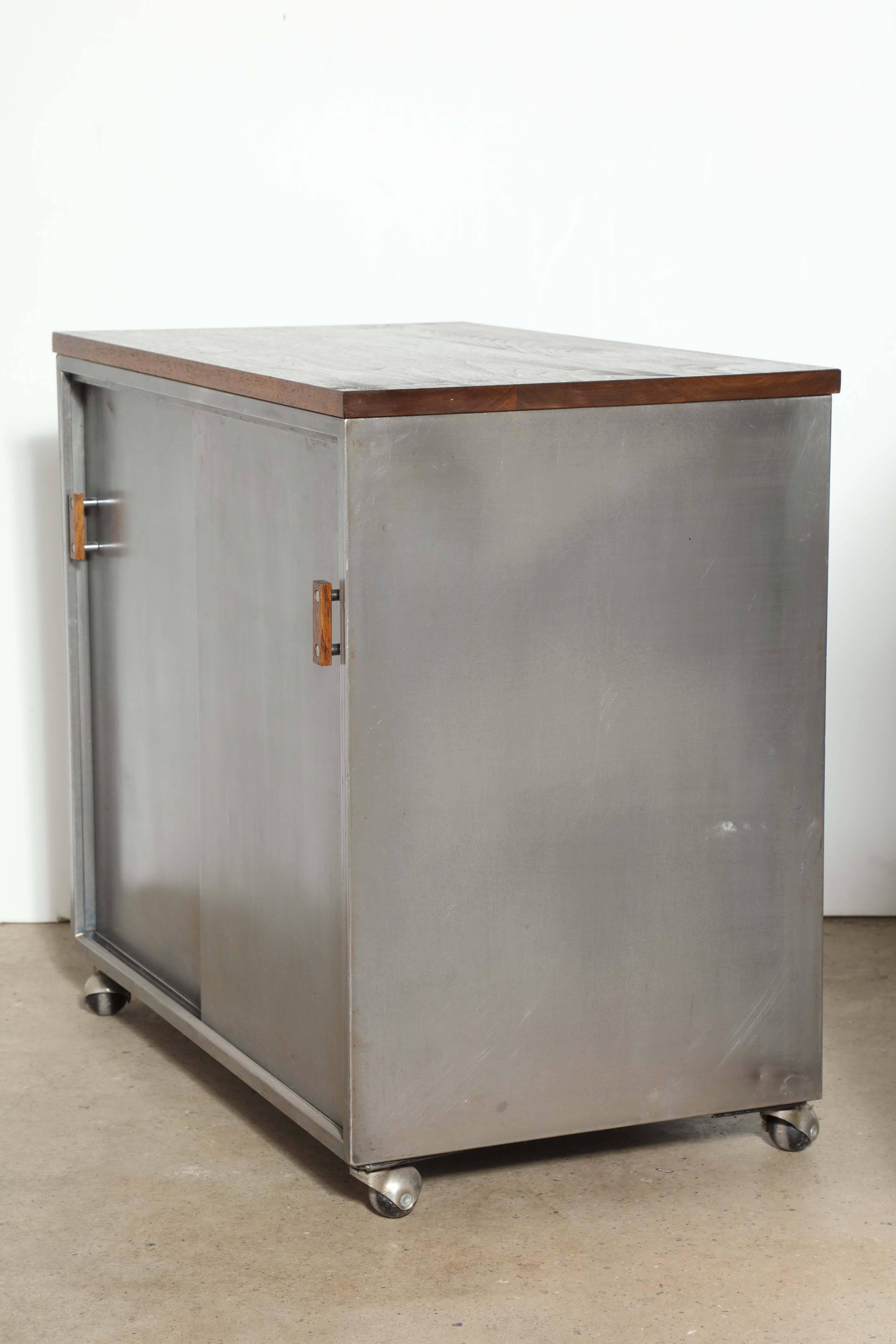 Mid-20th Century Rolling Industrial Modern Walnut and Steel Storage Cabinet