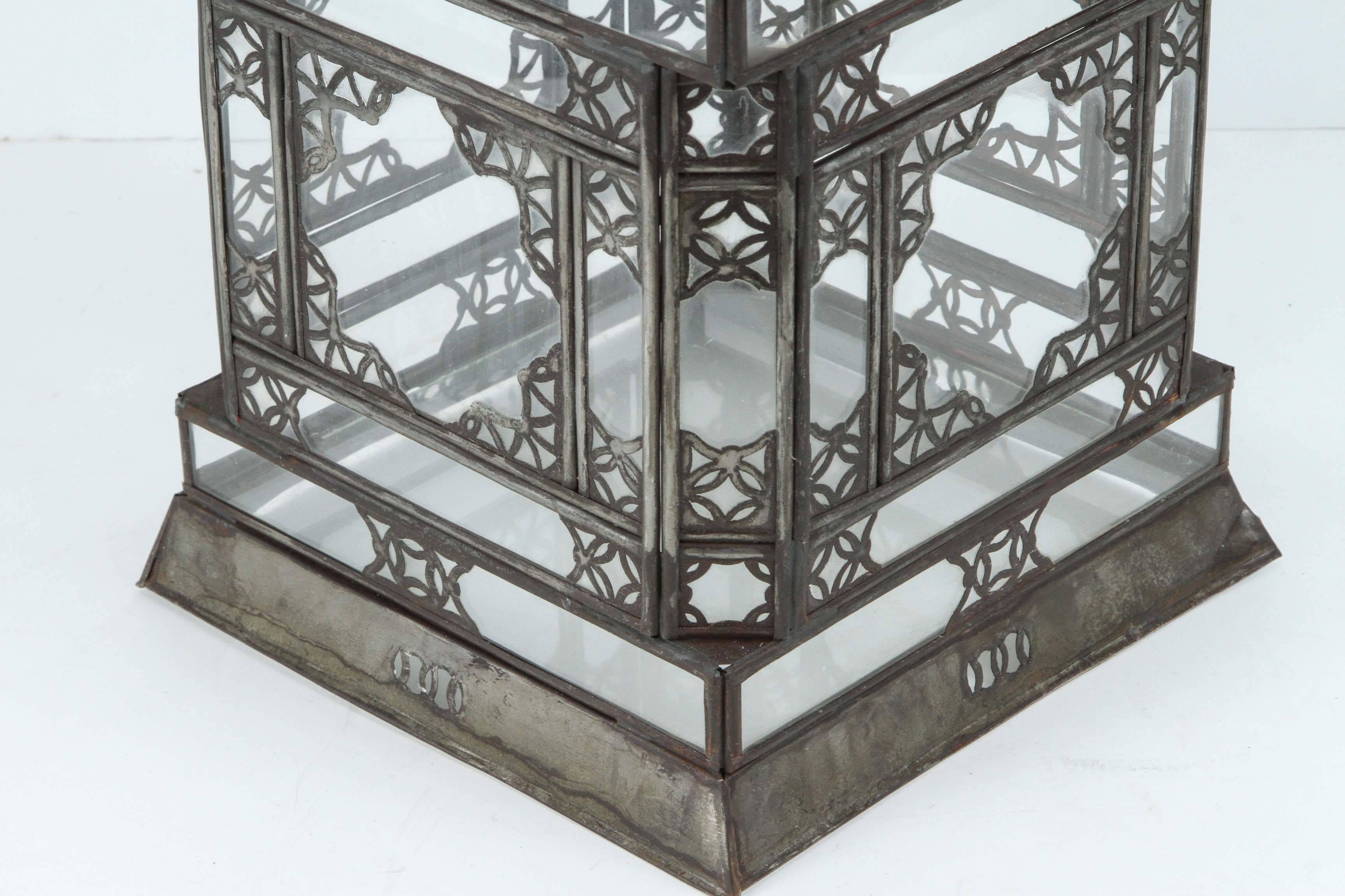 Hammered Moroccan Moorish Clear Glass Lantern with Filigree Design For Sale