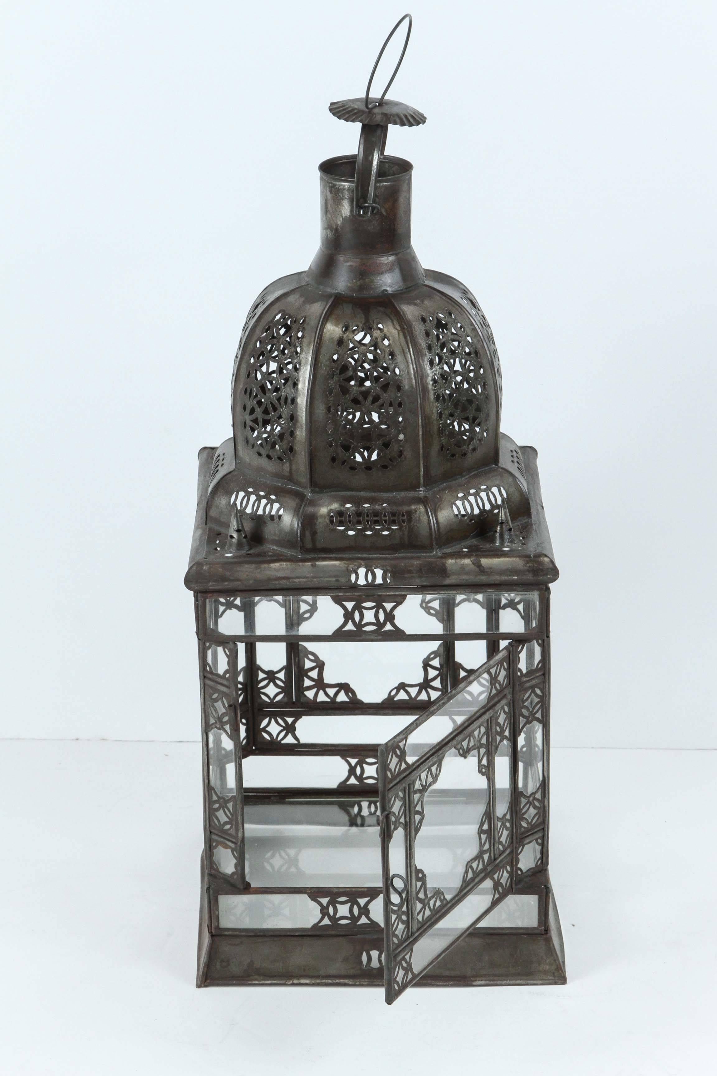 Metal Moroccan Moorish Clear Glass Lantern with Filigree Design For Sale