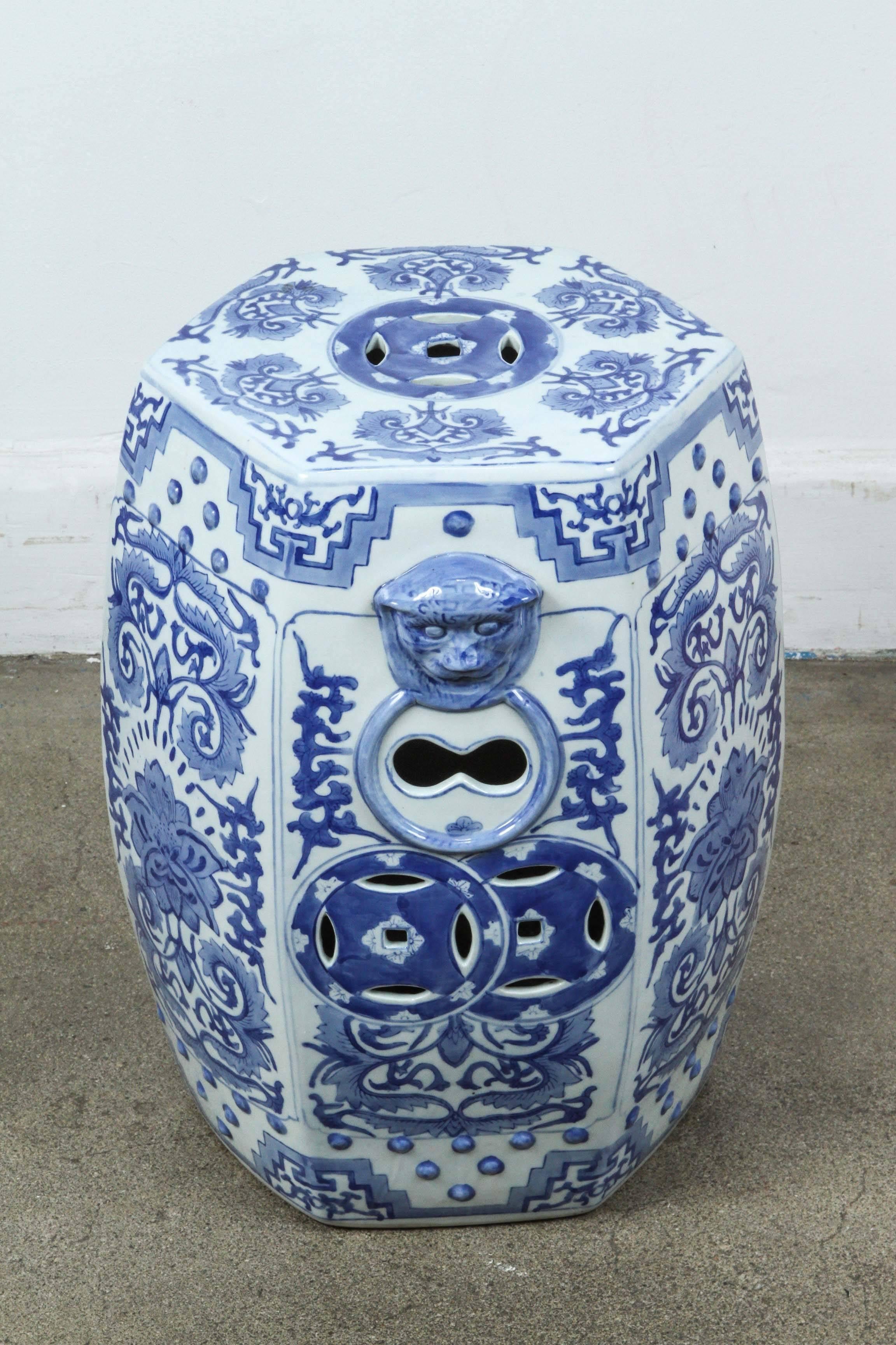 Handcrafted gorgeous white and blue Chinese ceramic garden stool with hand-painted striking chinoiserie art work.
Great to use indoor or outdoors.
Light and easy to carry around.
Top and bottom diameter is 12