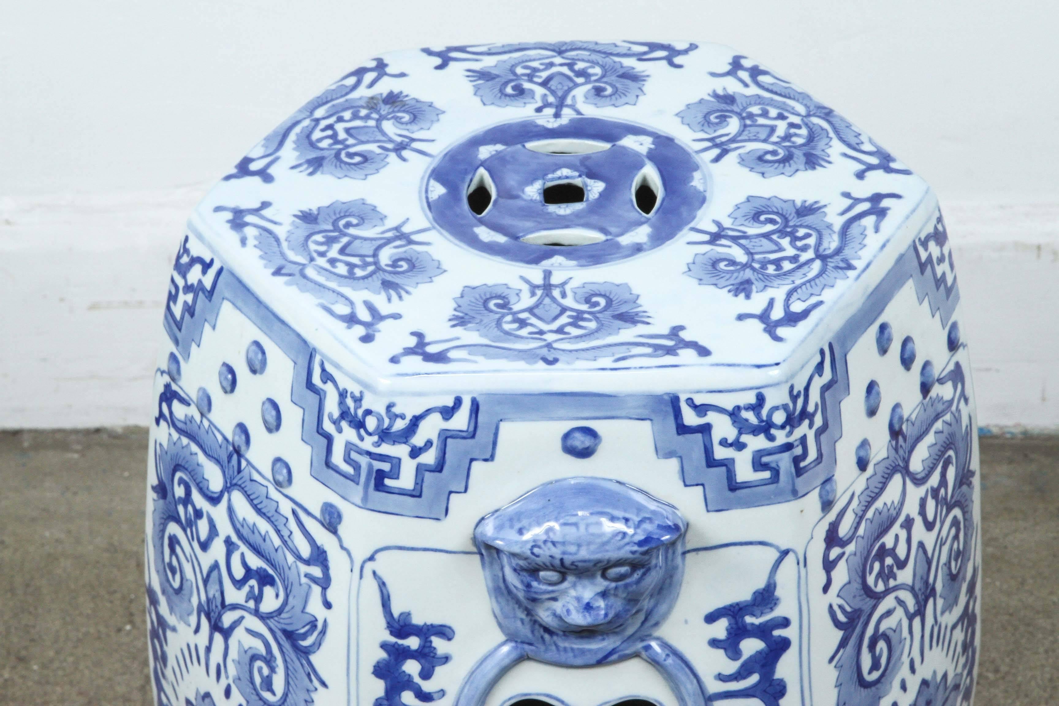 Chinoiserie Pair of Blue and White Chine Ceramic Garden Stools