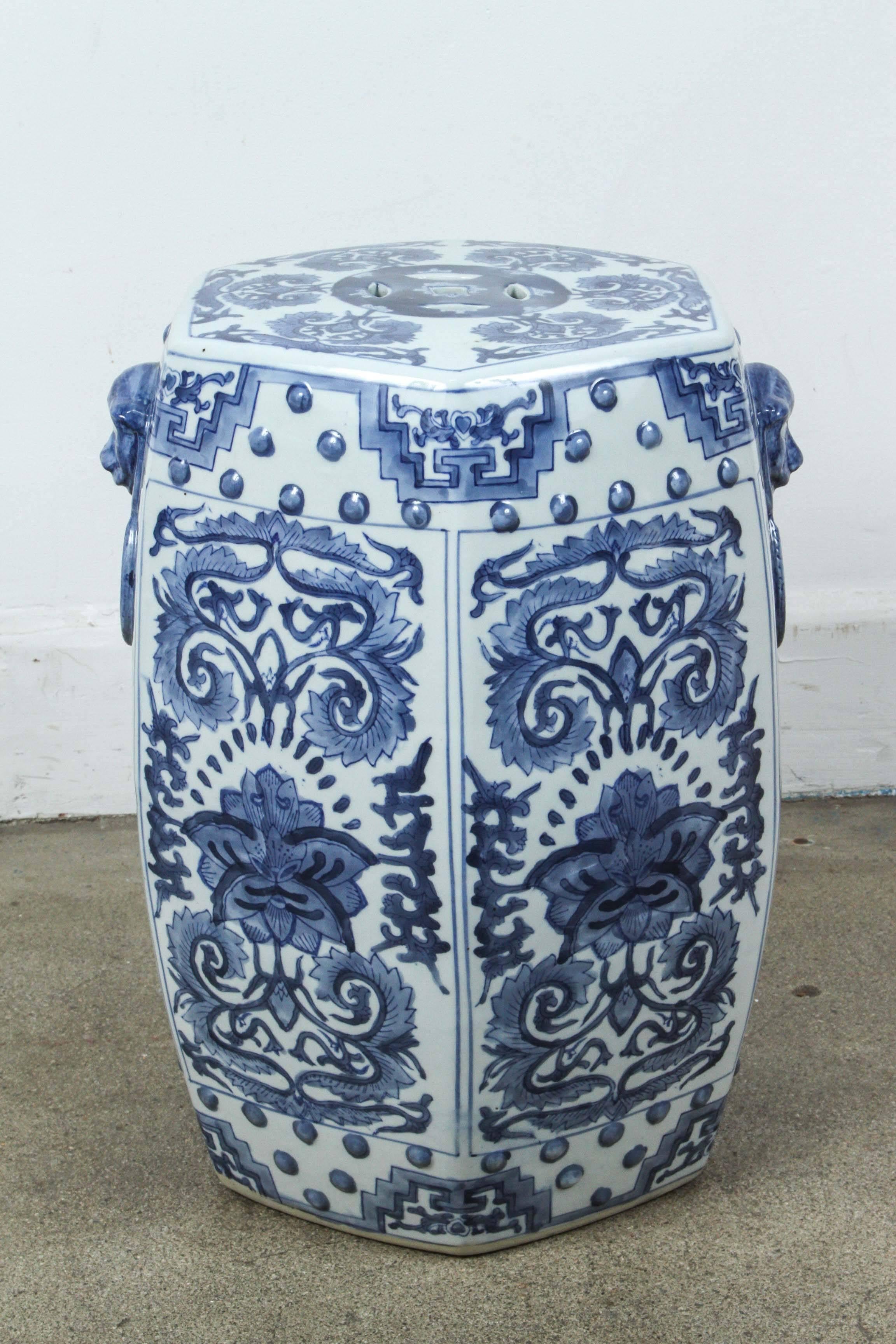 Hand-Crafted Pair of Blue and White Chine Ceramic Garden Stools