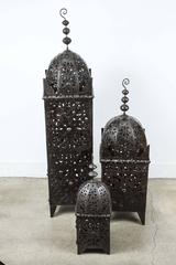 Set of Three Large Moroccan Hurricane Metal Candle Lanterns