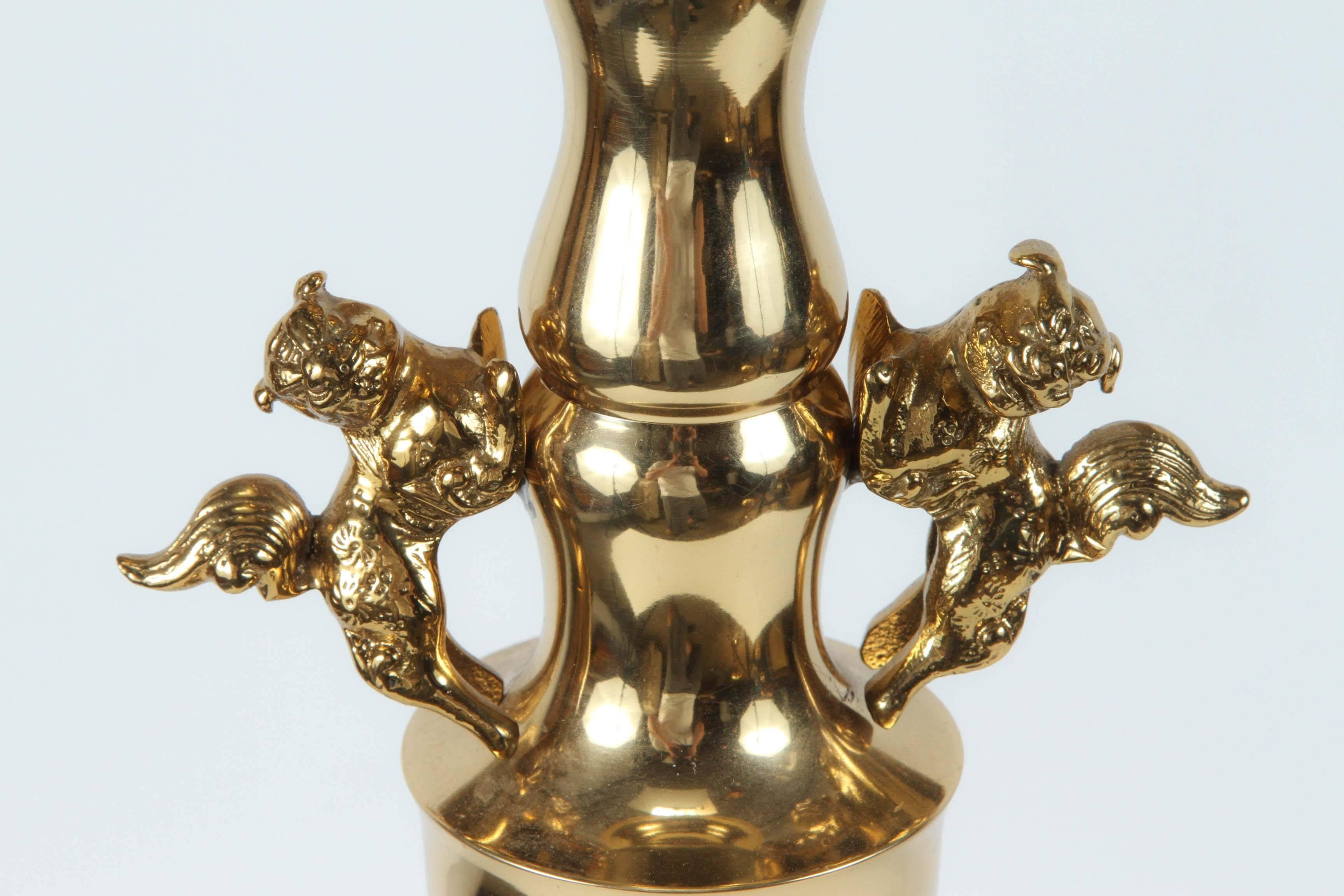 Hand-Crafted Pair of Large Chinese Polished Brass Candlesticks For Sale