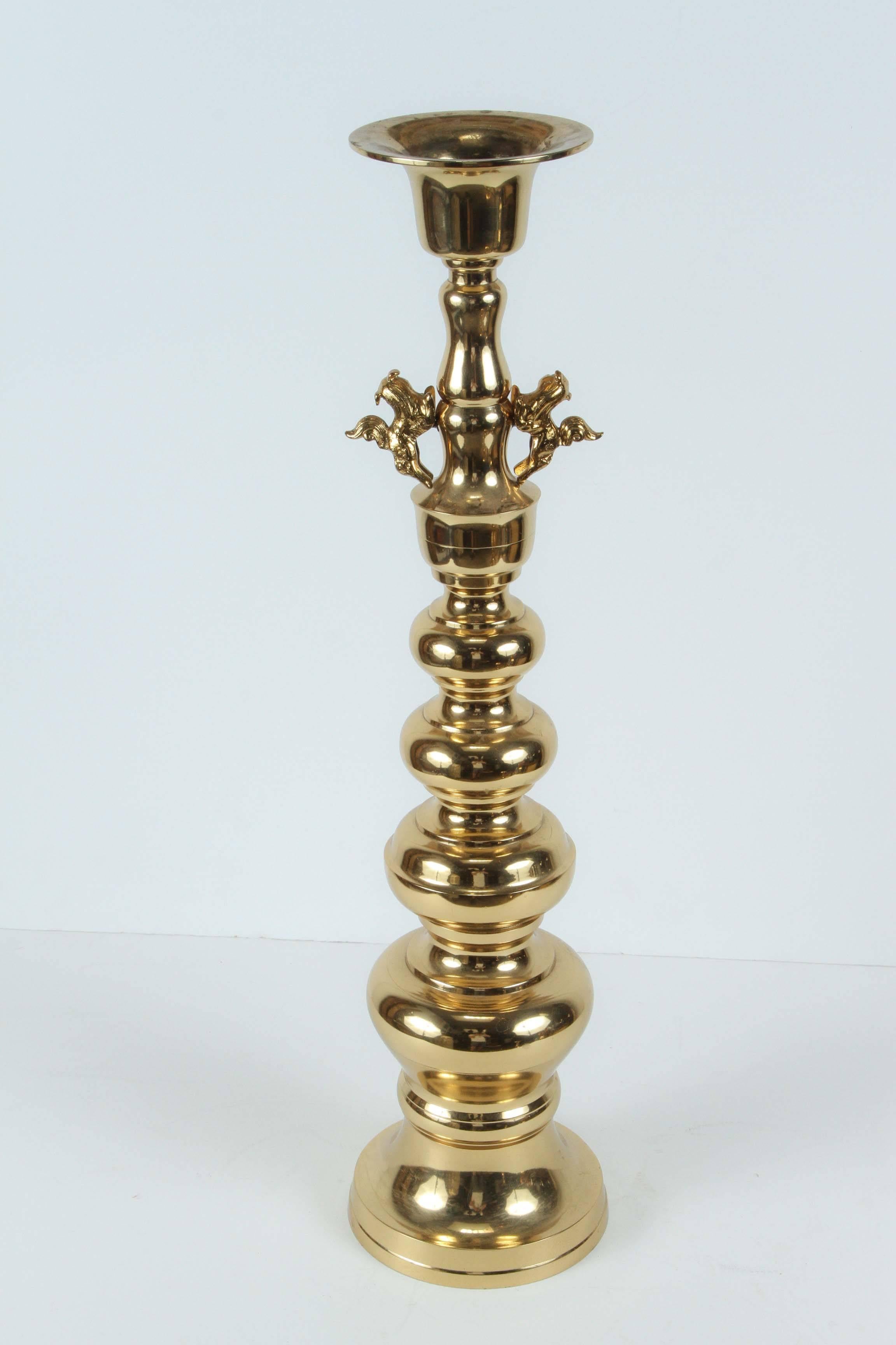 Pair of Large Chinese Polished Brass Candlesticks In Good Condition For Sale In North Hollywood, CA