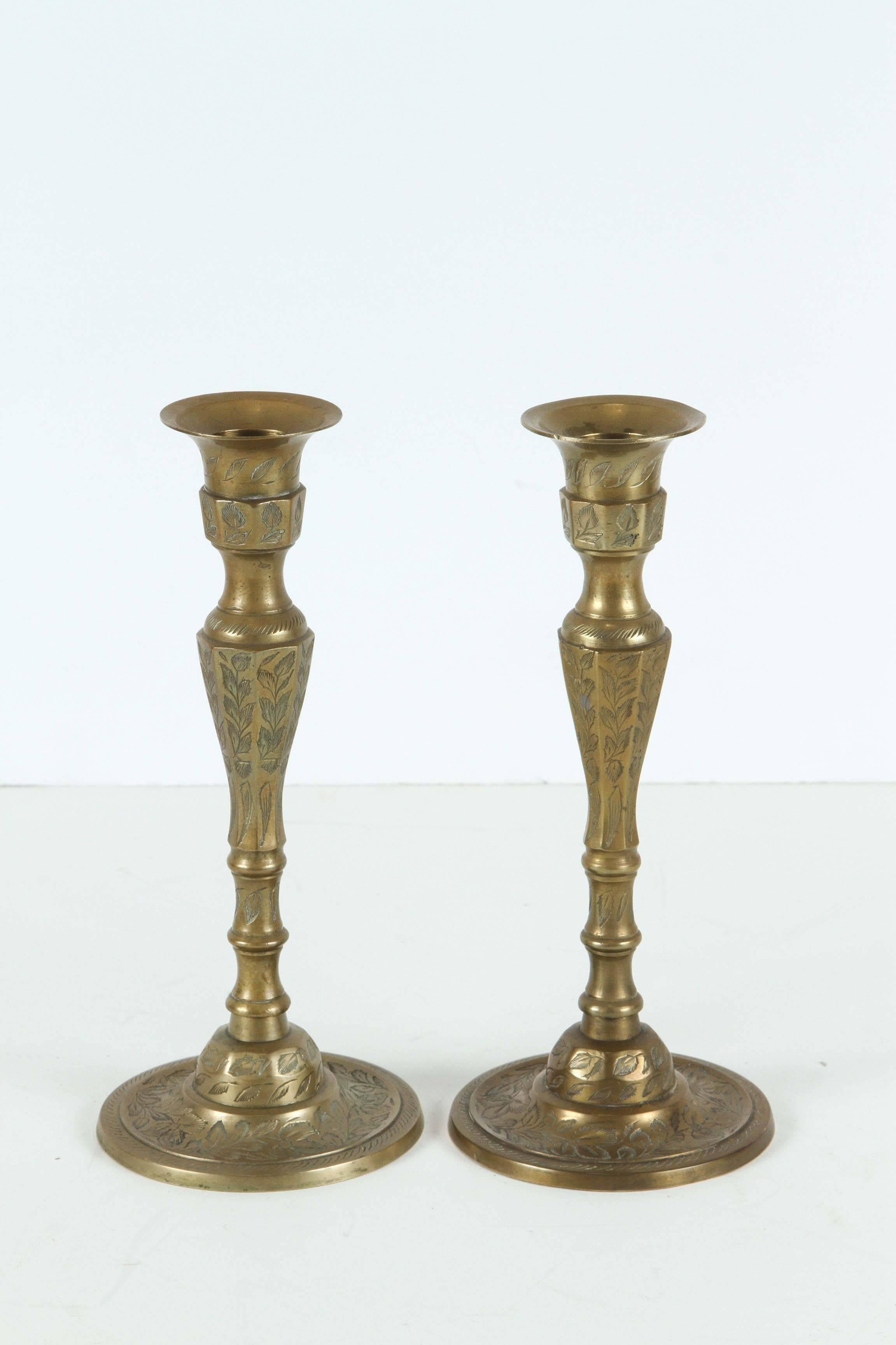 Handcrafted Victorian brass candle sticks, candle holders, finely hand chased with foliage designs.
Measures: Base is 3.75