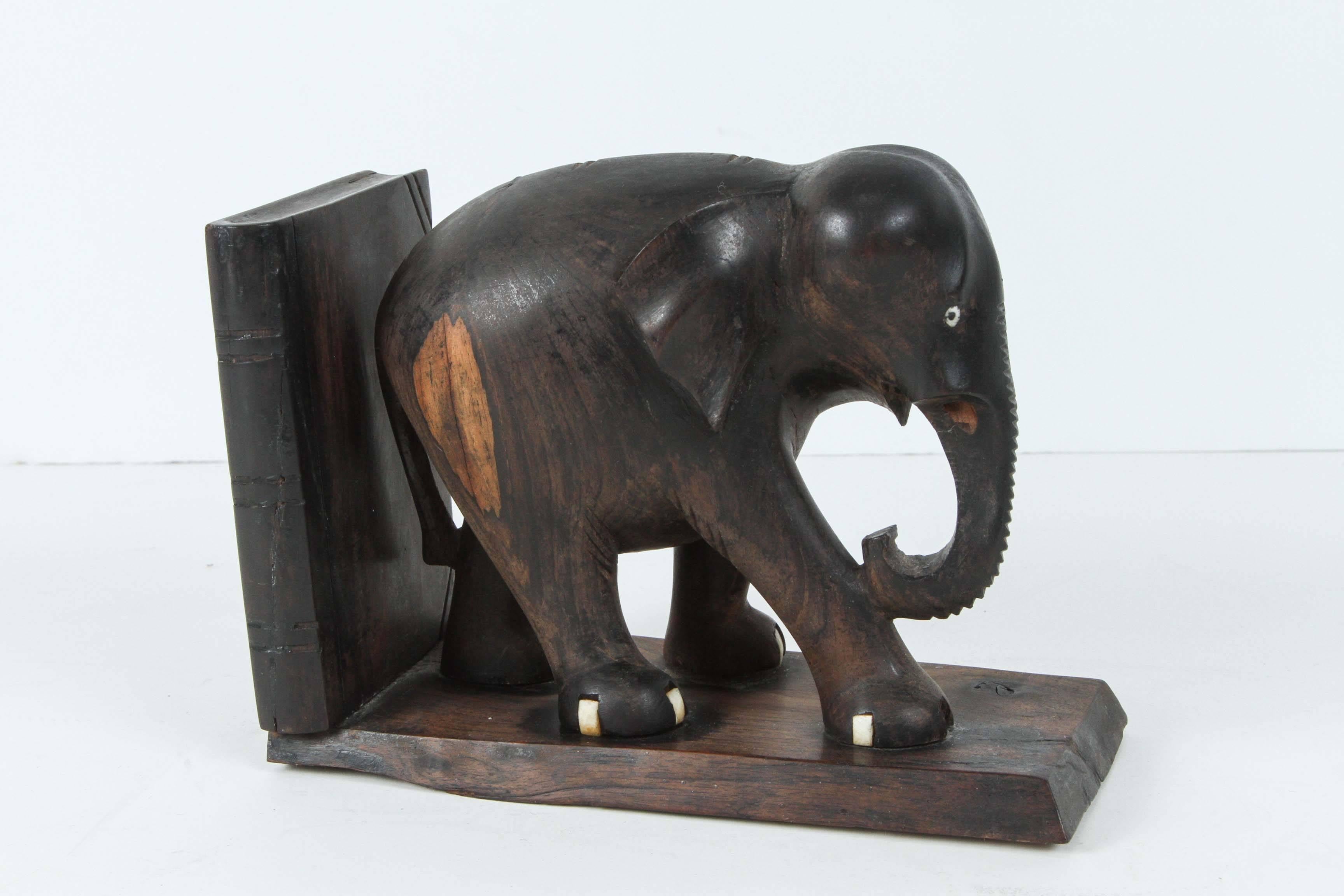 Indian Ebony Hand-Carved Elephant Bookends
