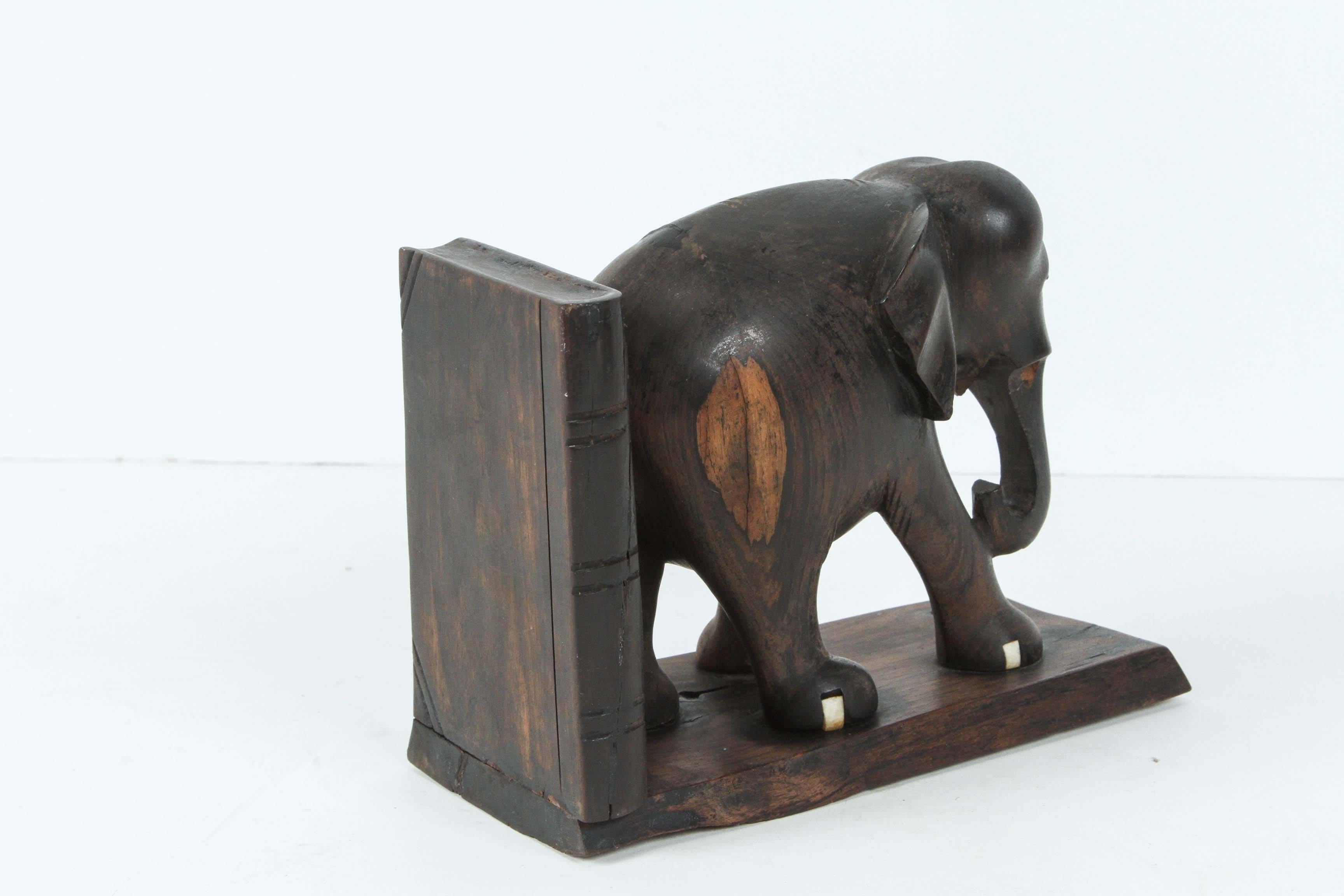 Ebony Hand-Carved Elephant Bookends In Good Condition In North Hollywood, CA