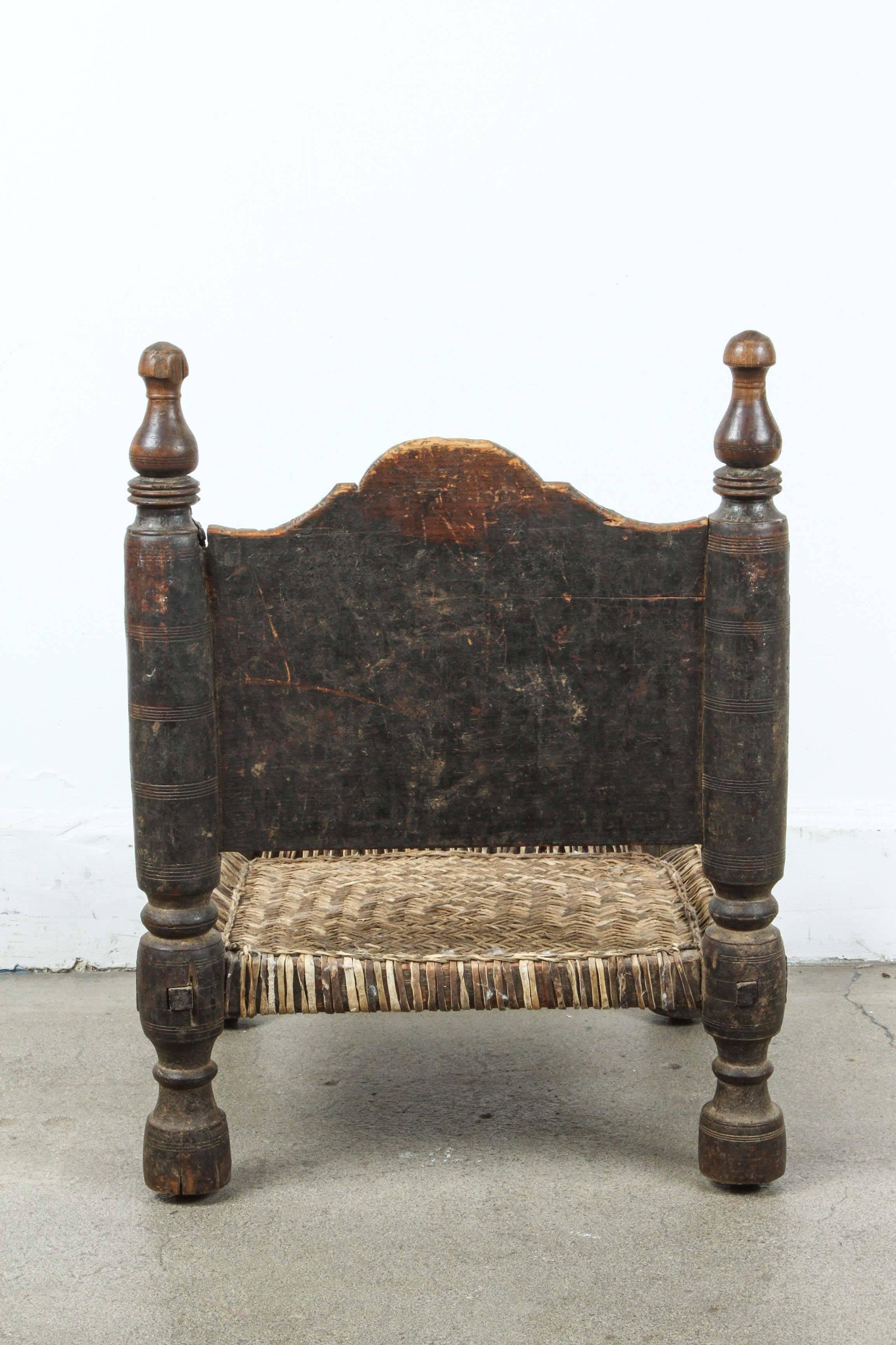 Hand-Carved African Tribal Chair with Leather Seat