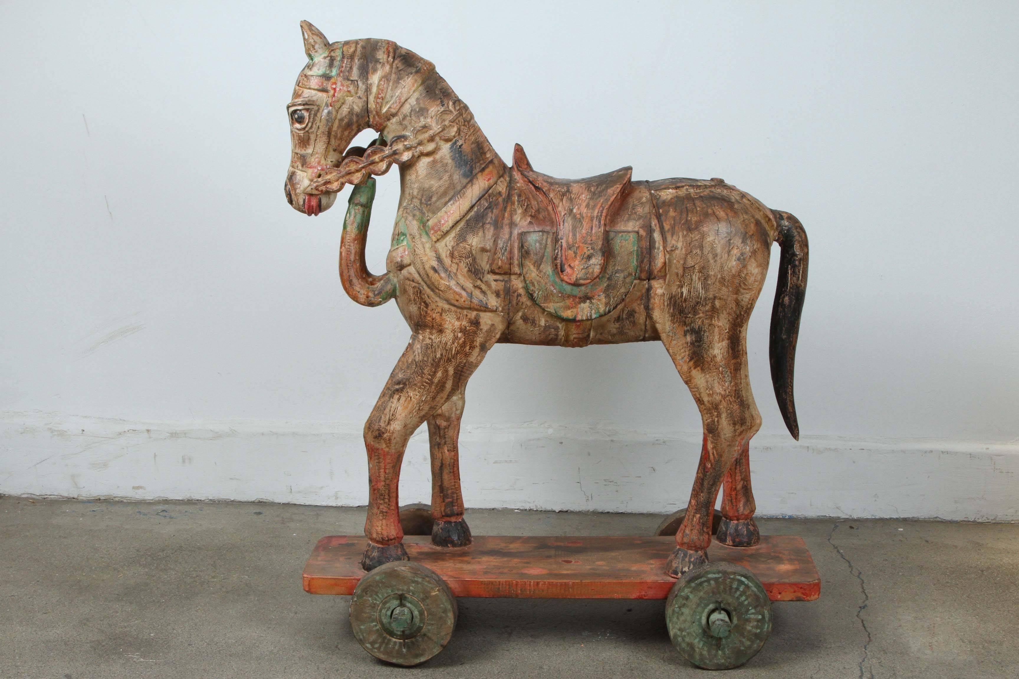 Anglo Raj Antique Southeast Asian Polychrome Wooden Oversized Temple Horses from India For Sale