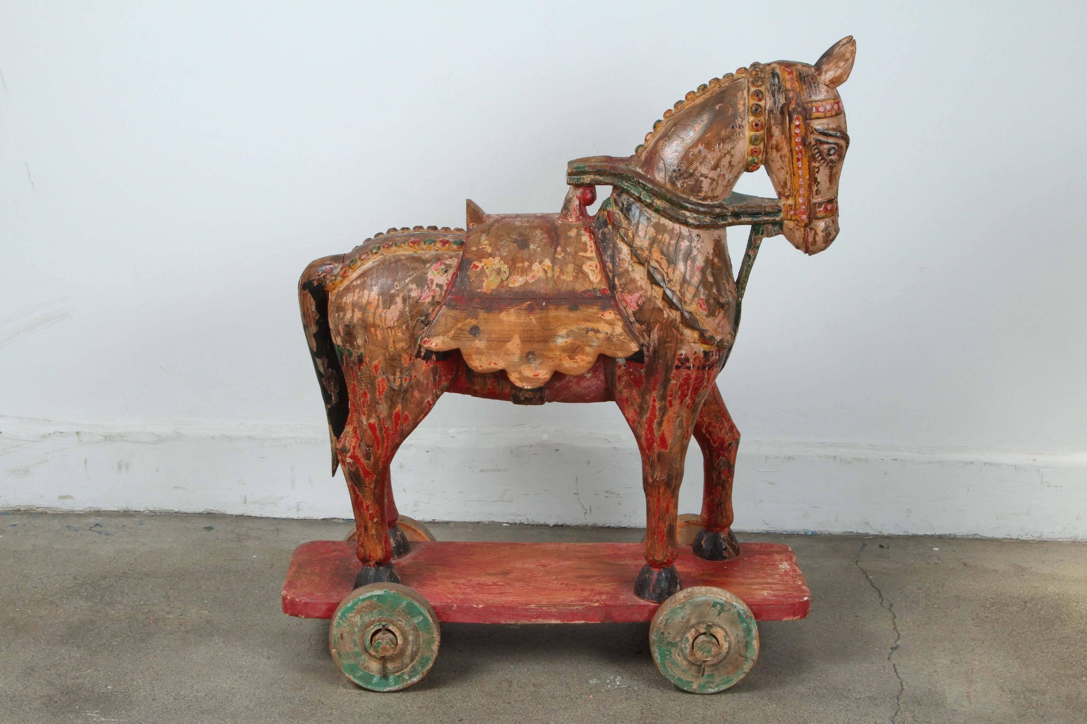 Indian Antique Southeast Asian Polychrome Wooden Oversized Temple Horses from India For Sale