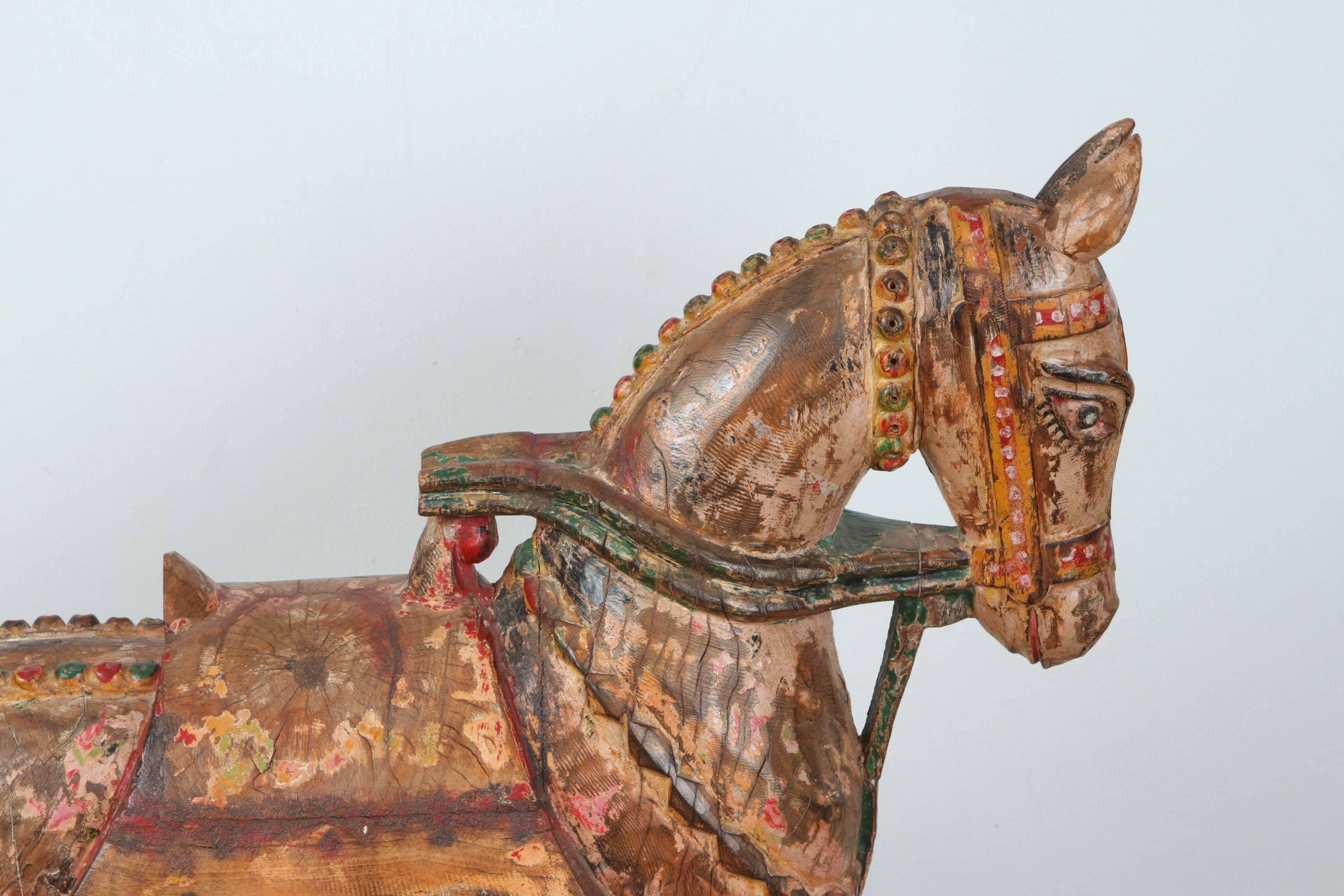 Hand-Carved Antique Southeast Asian Polychrome Wooden Oversized Temple Horses from India For Sale