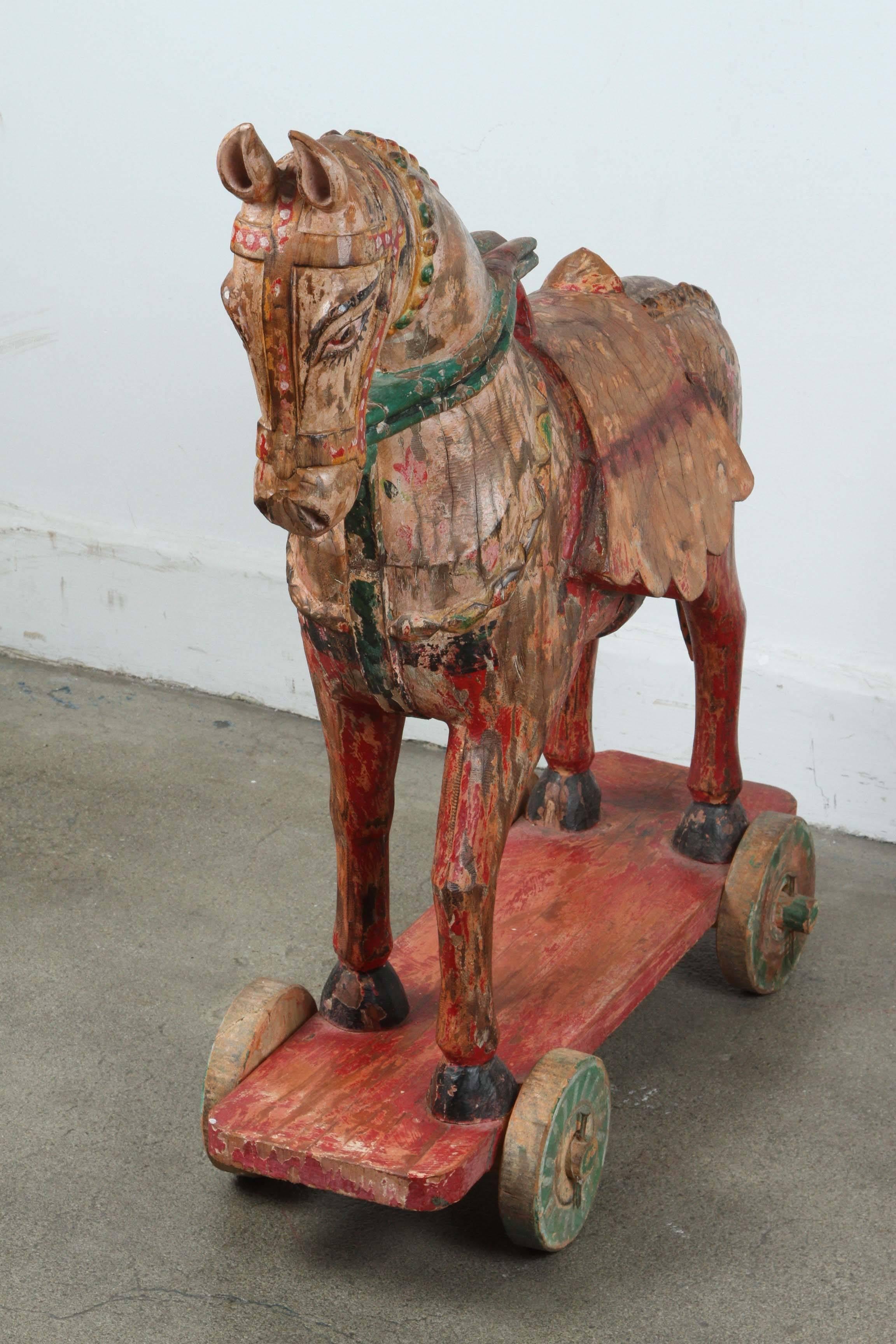 19th Century Antique Southeast Asian Polychrome Wooden Oversized Temple Horses from India For Sale