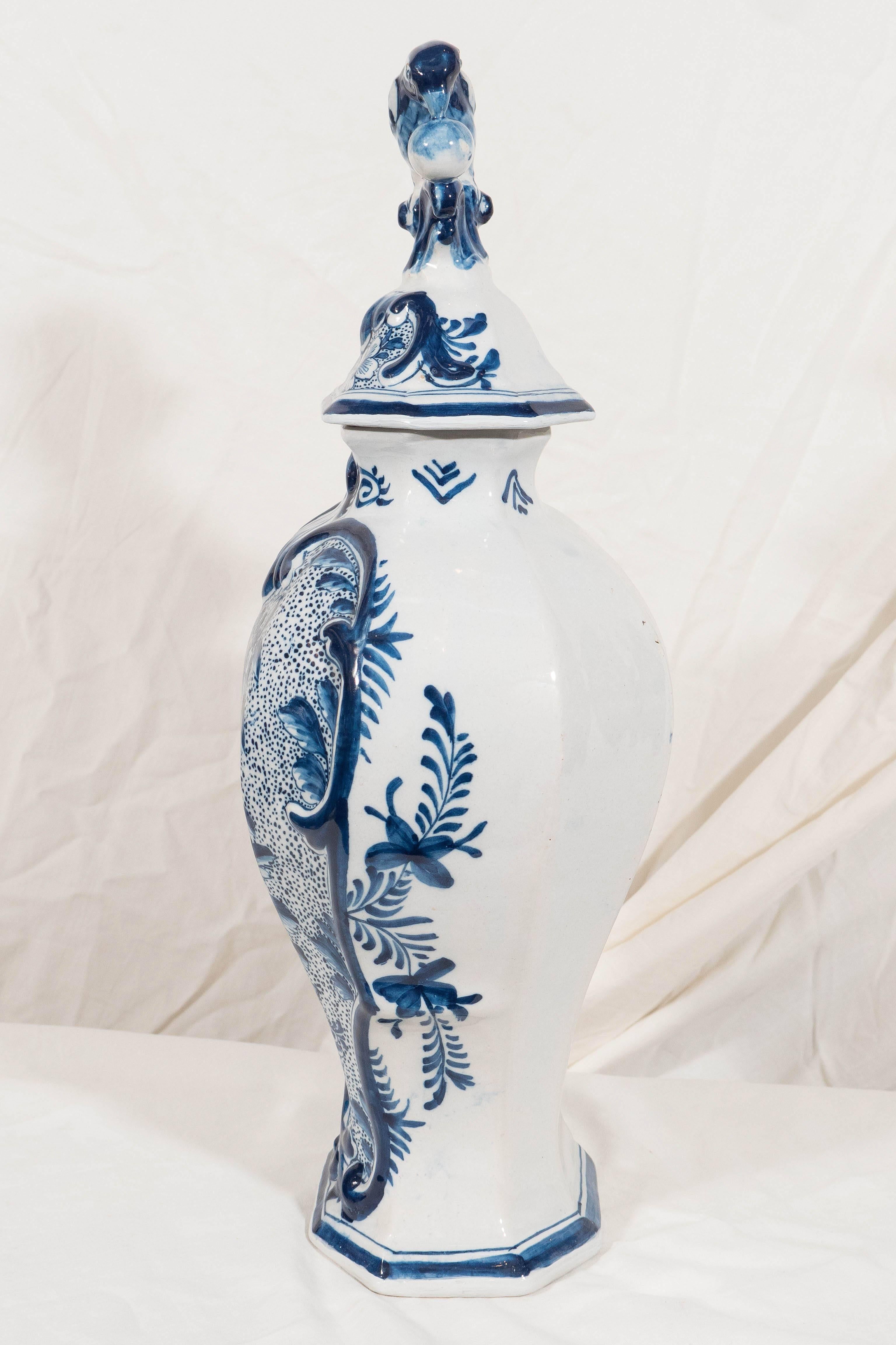 Mid-19th Century  Dutch Delft Blue and White Covered Vase Made circa 1830