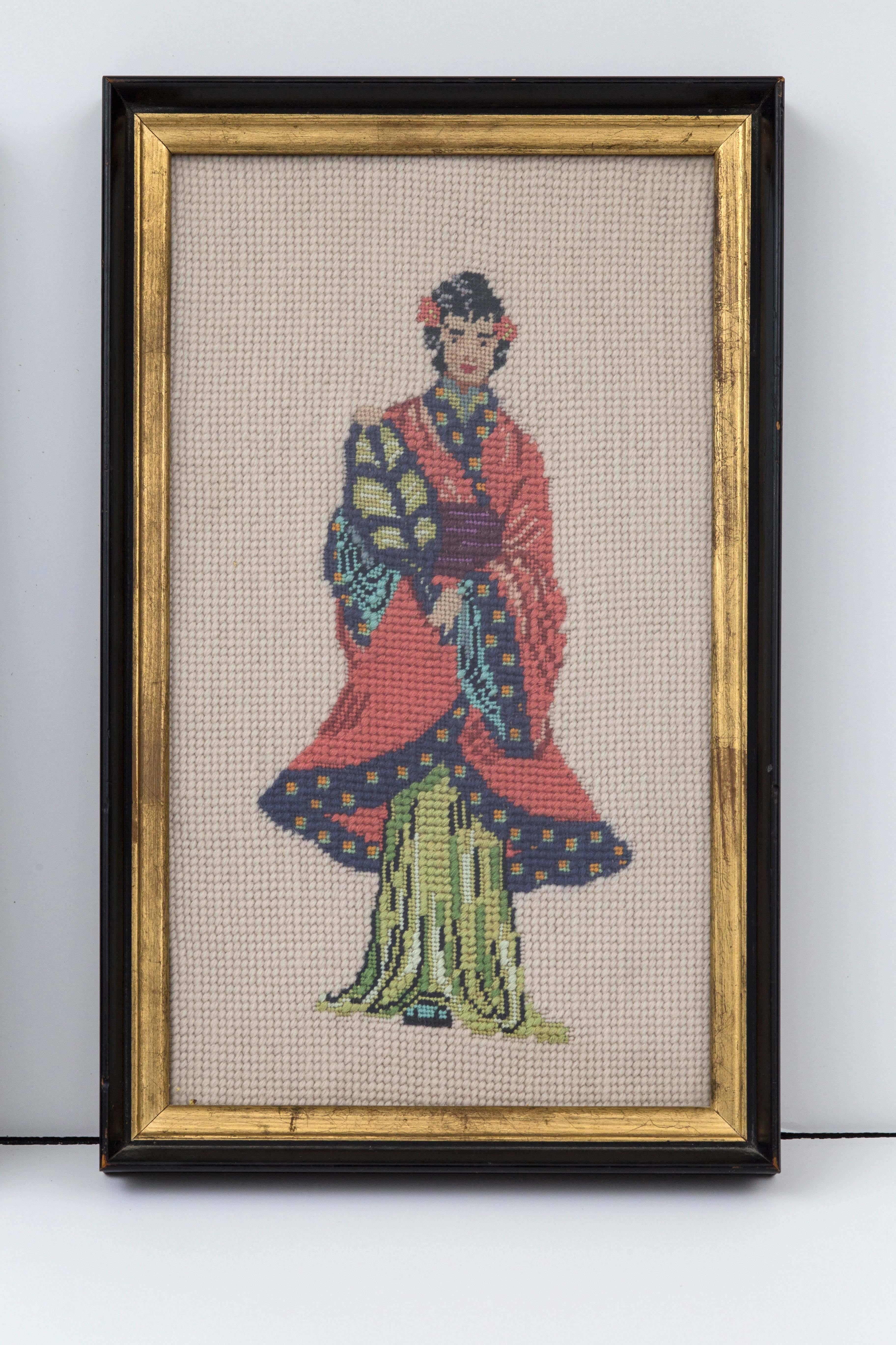 Chinoiserie Vintage Hand-Knotted Chinese Bride and Groom Ebony and Gilt Frame