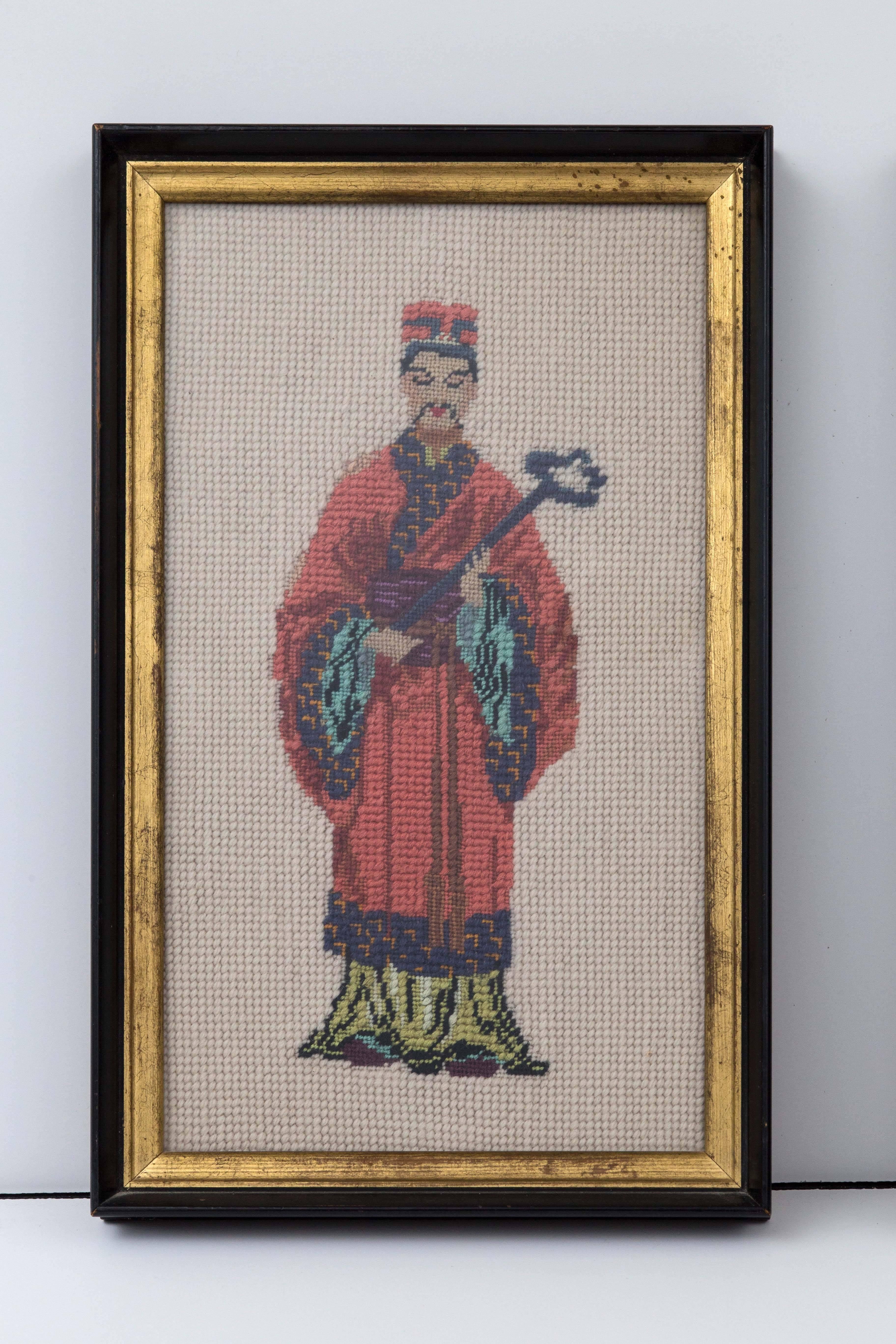 East Asian Vintage Hand-Knotted Chinese Bride and Groom Ebony and Gilt Frame