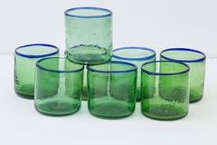 Stunning Set of Eight Handblown Sea Glass Green and Cobalt Blue Murano Glassware
