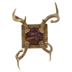Rustic Deer Antler Wall Decor, Leather & Wood, Late 19th Century