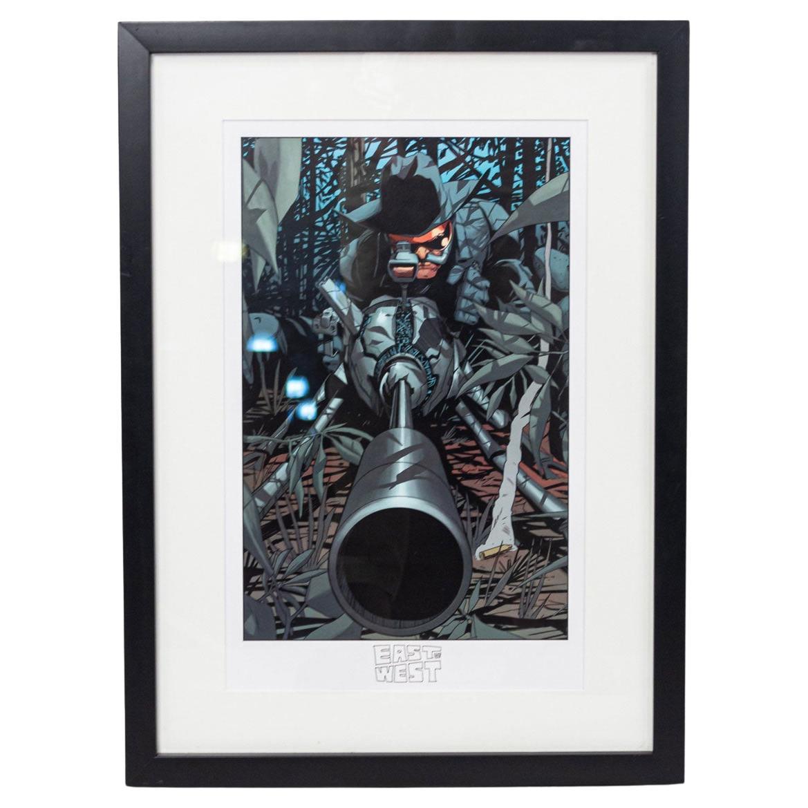 Cartoon Drawing of a Man with Gun, Modern Style, 20th Century, Framed For Sale