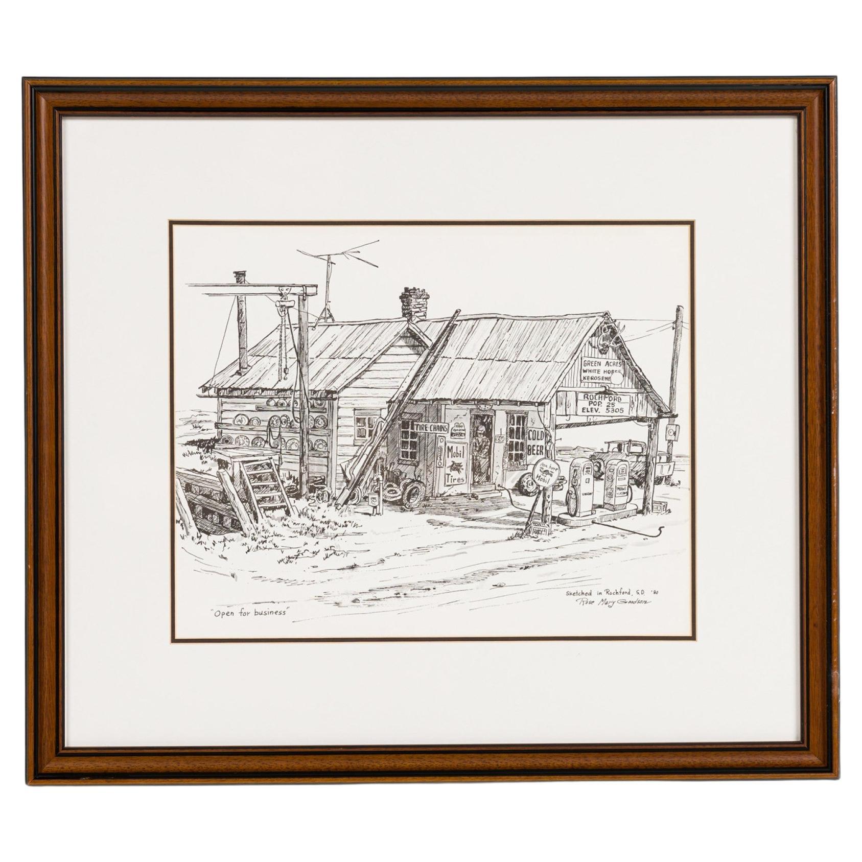 Mid-Century Modern Pen and Ink Painting of Gas Station Scene, Signed For Sale