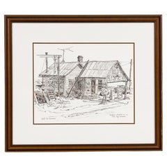 Mid-Century Modern Pen and Ink Painting of Gas Station Scene, Signed