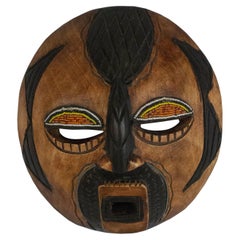 Vintage Ghanaian Beaded Wooden Mask, Hand Painted Tribal Folk Art