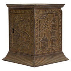 American Country Antique Cast Metal Japanese Motif Rectangular Coin Bank