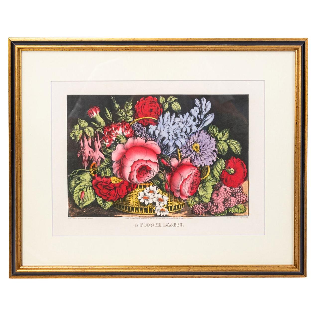 A Flower Basket Framed Print, Rustic Style, Late 19th Century, Gilt For Sale