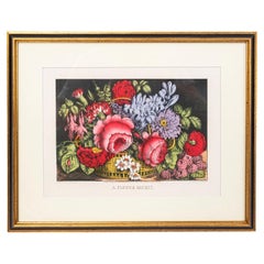 Stampa incorniciata raffigurante un cesto di fiori, stile rustico, fine del XIX secolo, dorata