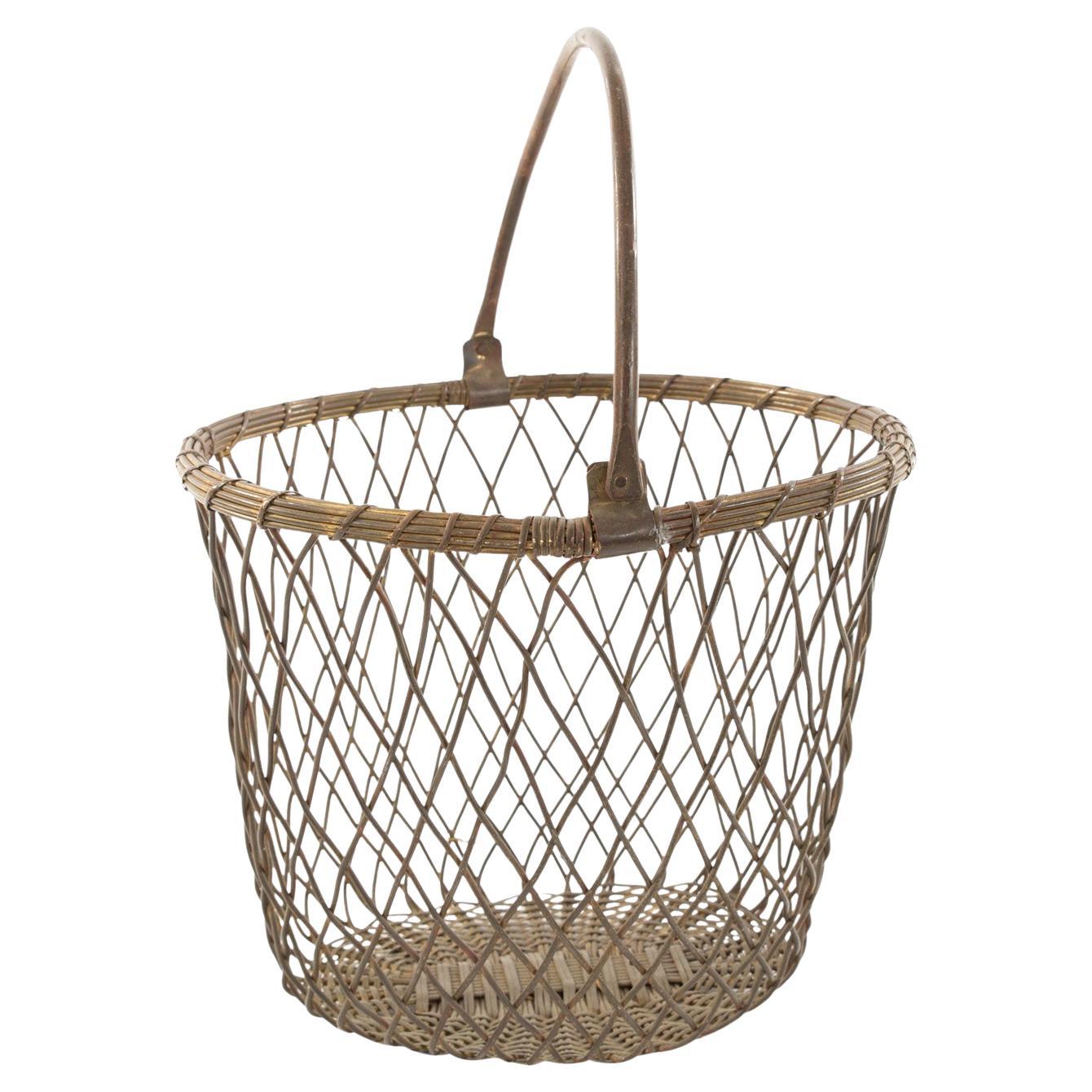 Vintage Patinated Metal Wire Lattice Basket, Mid-Century Modern, USA