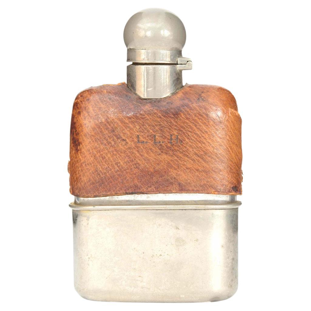 Victorian Glass Flask with Silver Base and Leather Cover, 19th Century