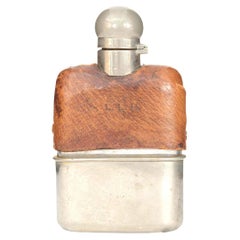 Victorian Glass Flask with Silver Base and Leather Cover, 19th Century