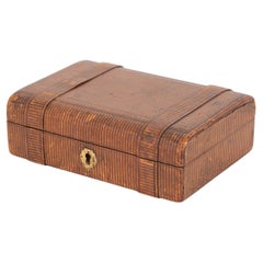 19th Century English Victorian Brown Leather Box with Gold Escutcheon