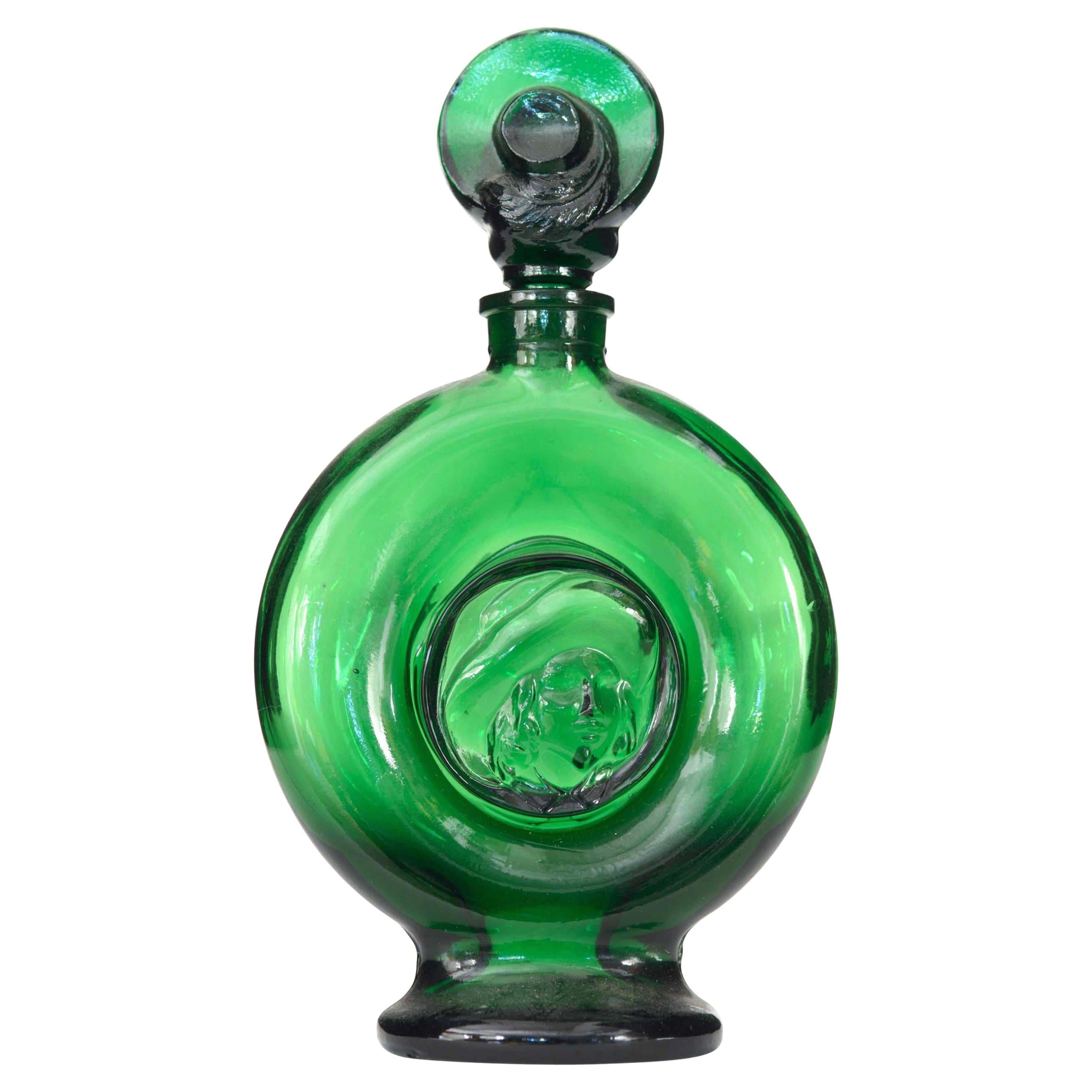 Fiaschetta da profumo in vetro verde in stile Art Déco francese con motivo in rilievo raffigurante una ragazza