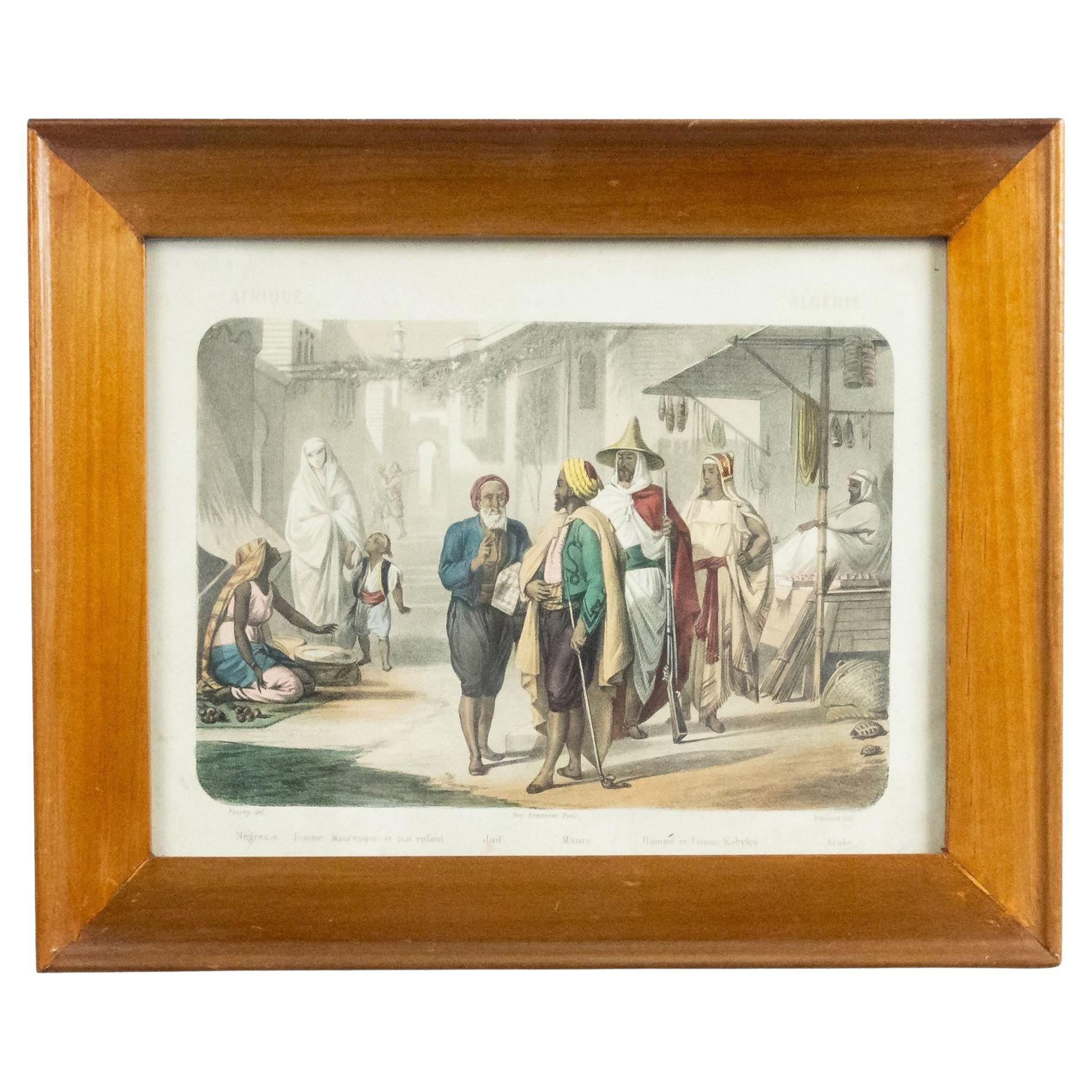 French Victorian Algerian Scene Lithograph, Birch Frame, 19th Century