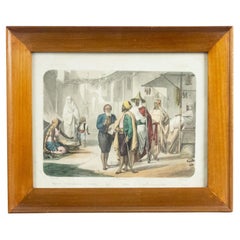 French Victorian Algerian Scene Lithograph, Birch Frame, 19th Century