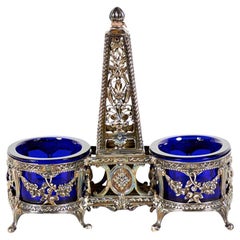 Victorian Silver Salt Cellar with Obelisk Center and Glass Liners