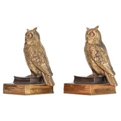 Vintage Gilt Metal Owl Bookends, Mid-Century Modern, USA, Pair