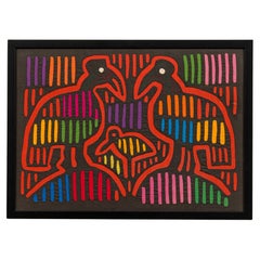 Framed Mid-Century Patchwork Fabric Artwork of Colorful Waterbirds