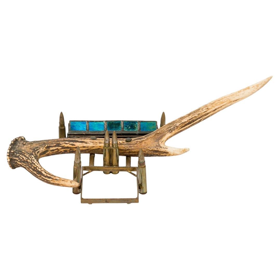 19th Century Rustic Antler Inkwell Stand, Glass & Metal Holder, USA For Sale