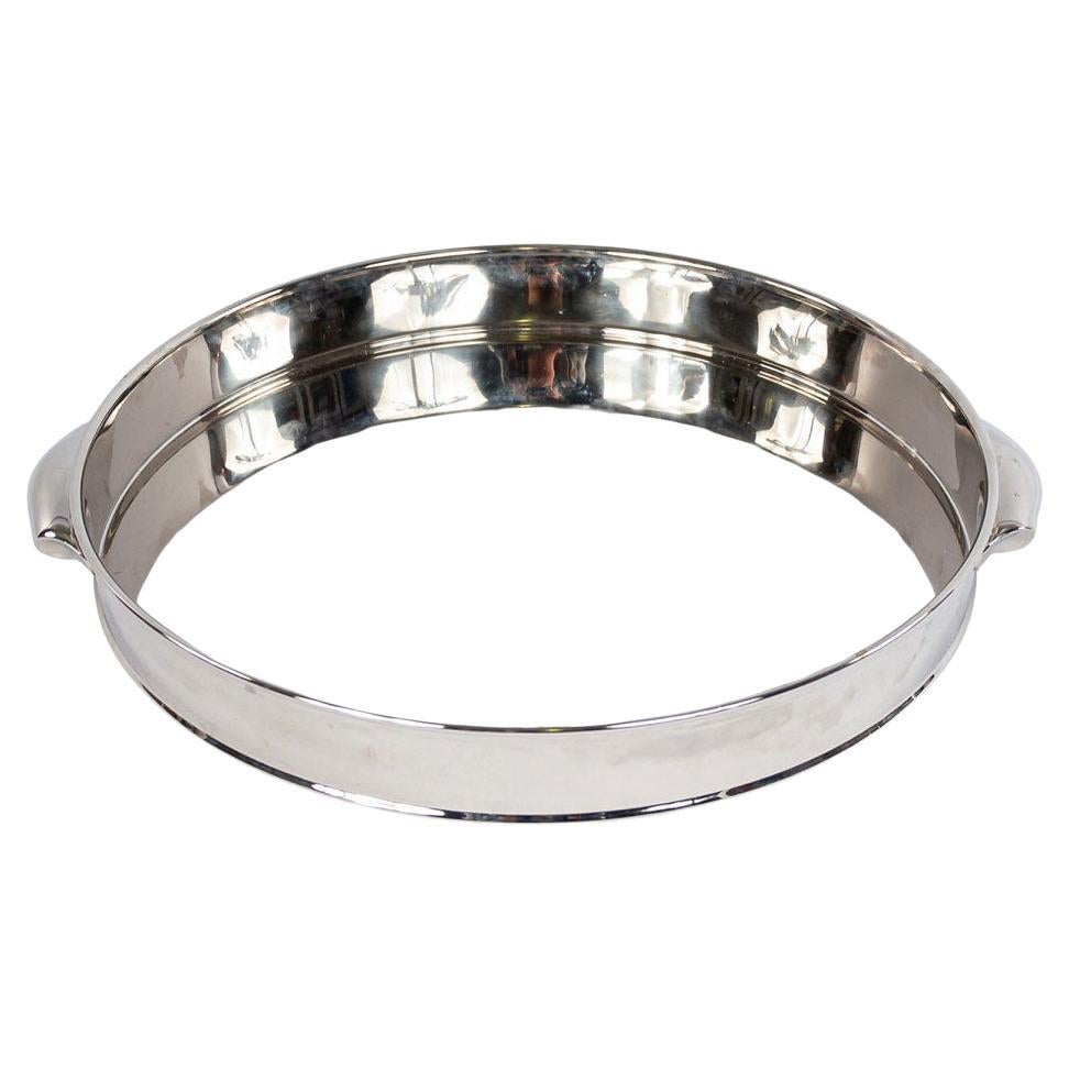 Contemporary Round Silver Metal Tray with Handles, Modern Design, USA